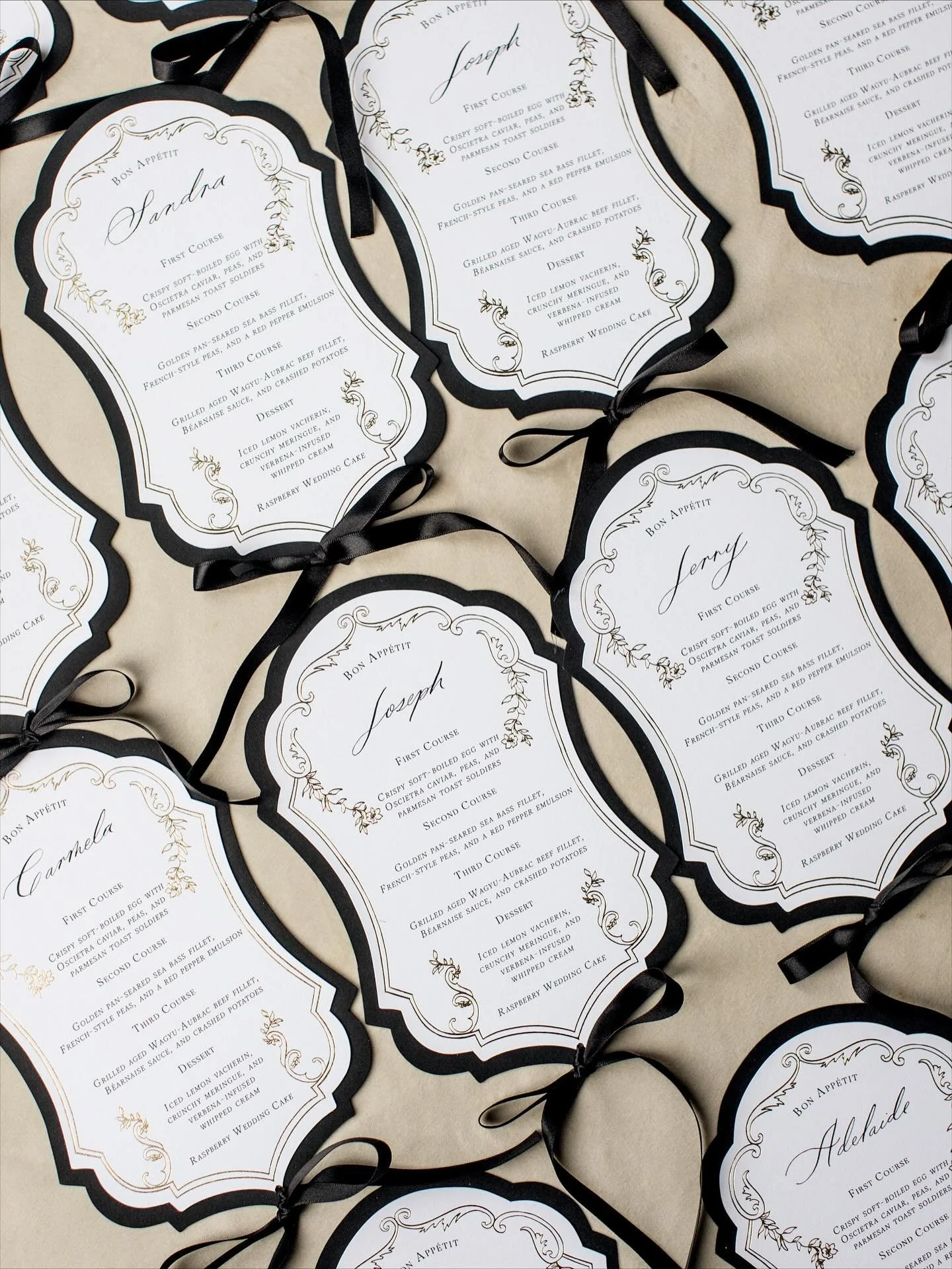 Is there anywhere more perfect to say I do than Paris?

For the utterly stylish J&amp;A we created black and gold foil menus , personalised to each guest&rsquo;s meal choice for their wedding at the glorious @rosewoodhoteldecrillon 

A joy as always 
