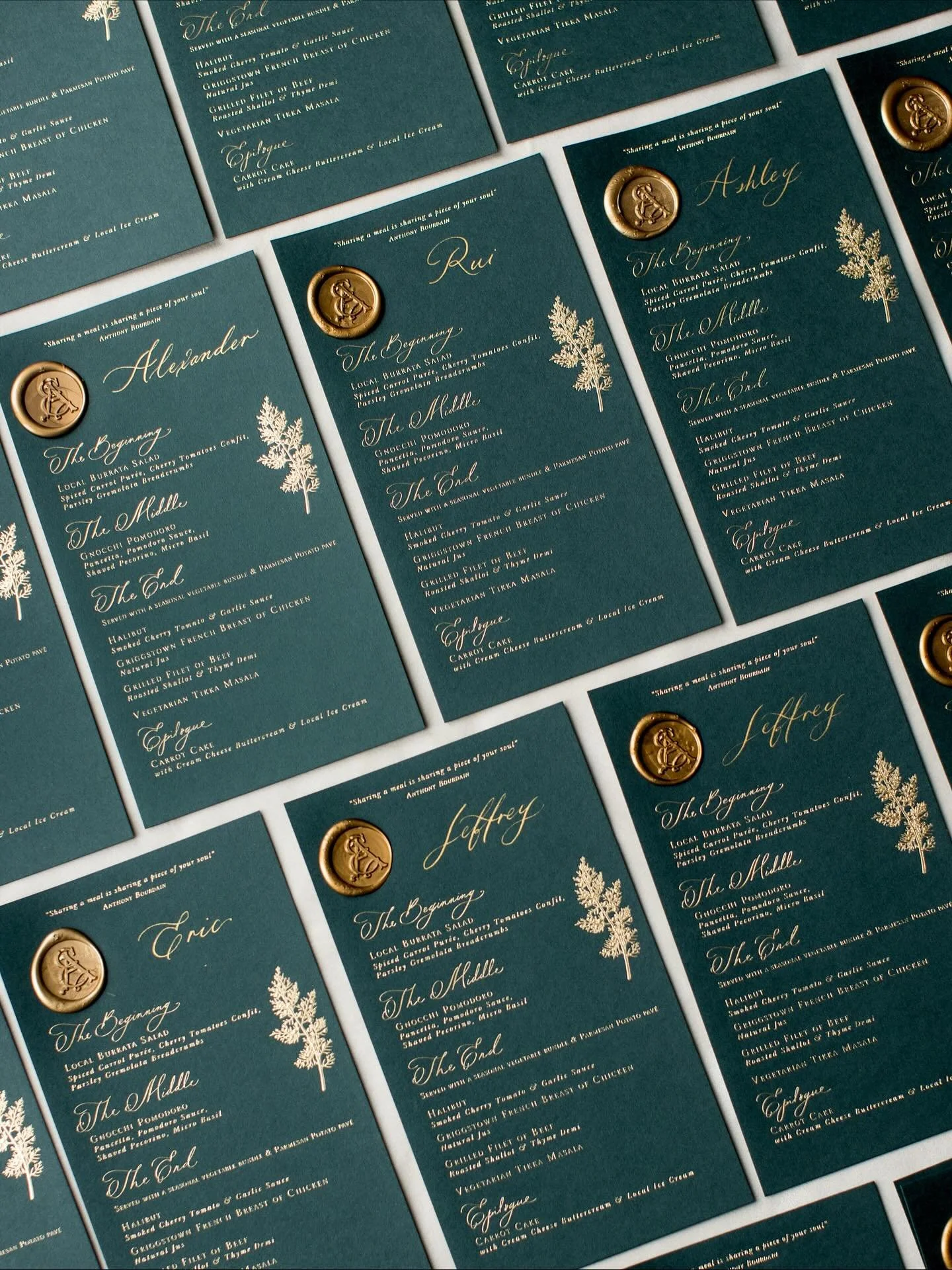 Sharing a meal is like sharing a piece of your soul&hellip;

Menu design might be (one of) my favourite parts of the job. Beautiful details, thoughtful wording, and clever colour-coding (gold seals for beef!) meant guests got the right plate and staf