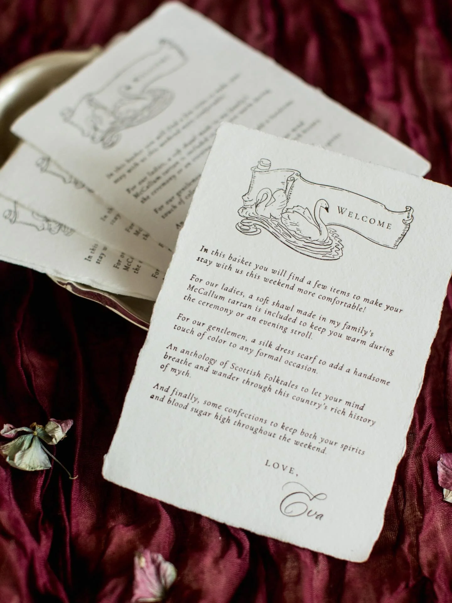 Bronze foil on handmade paper. 
I always think personalised gifts add such a thoughtful touch especially when guests have travelled from overseas to celebrate with you.

For this beautiful couple, I designed a suite of welcome inserts to accompany a 