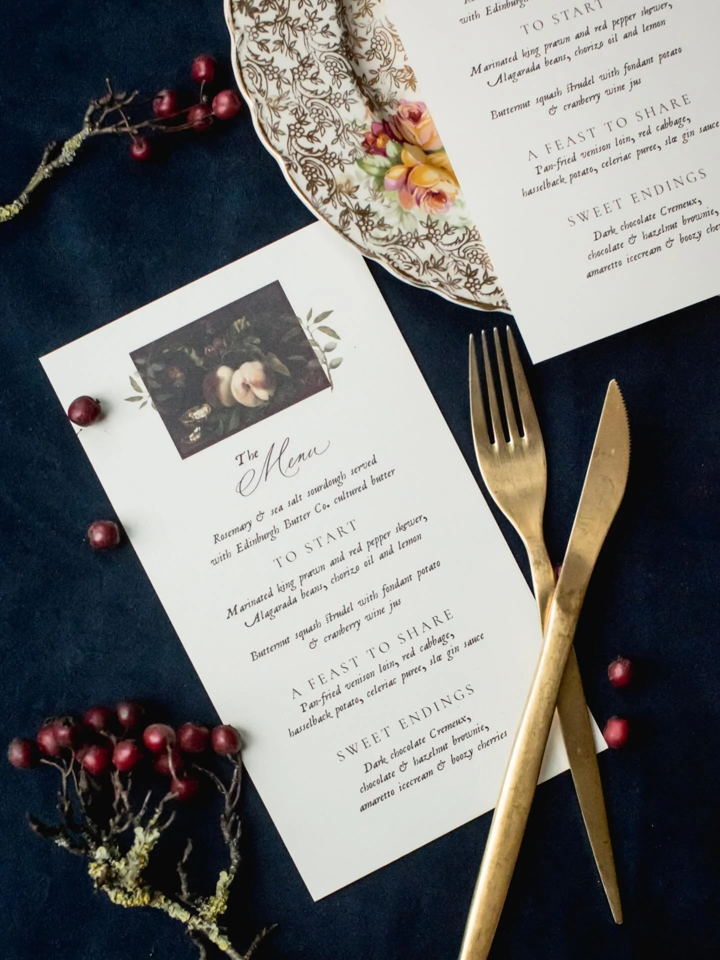 Menu design requires thinking about the moment before the meal begins when guests are seated and eagerly wondering what&rsquo;s for dinner (or supper sounds more appropriate for this image I think!)
Thoughtful design, seasonal tones,
and a quiet nod 
