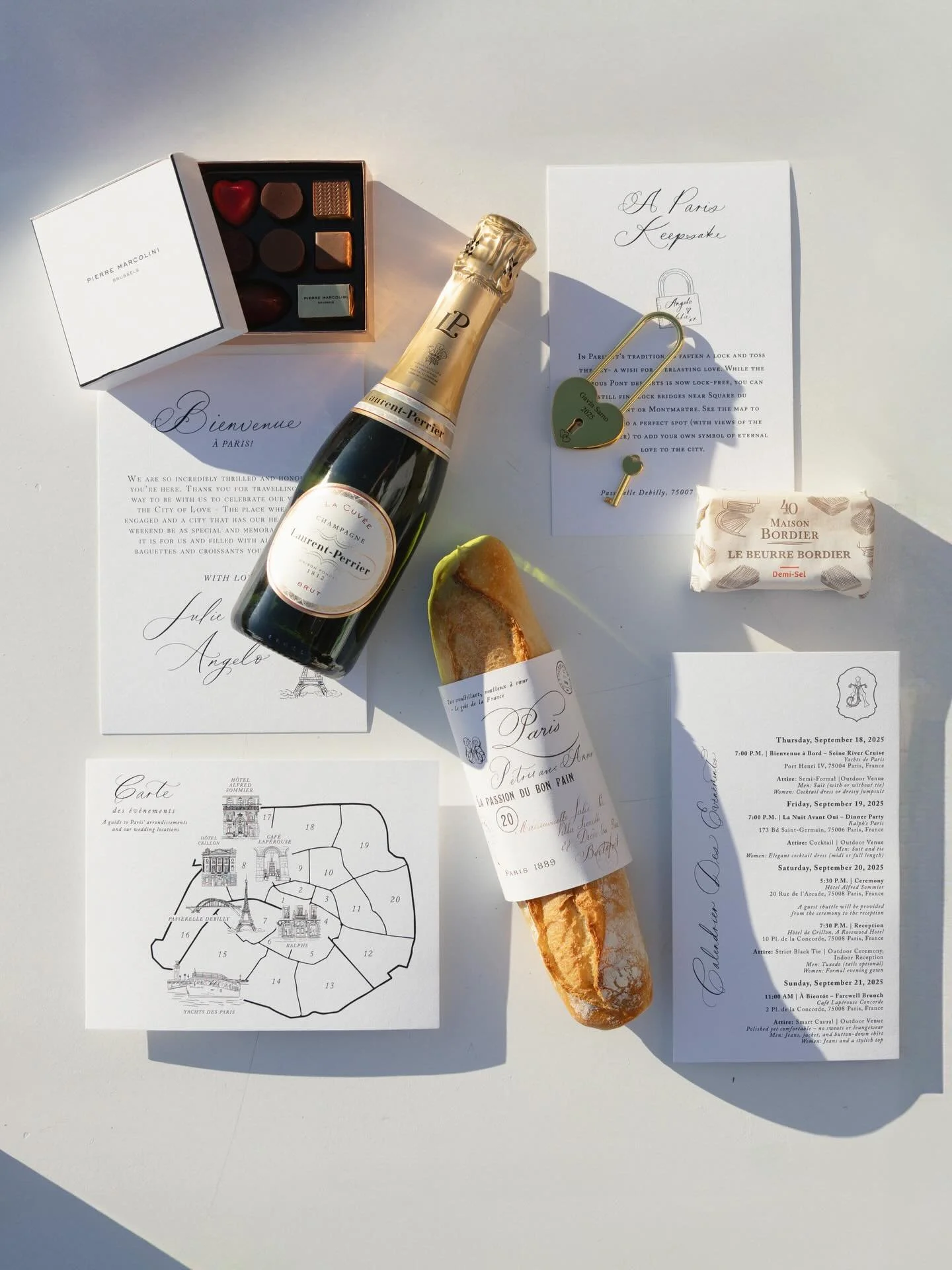Stationery as gifting has always been my thing.

For this Paris wedding, it showed up in the smallest details. Personalised bread labels (genius idea to gift baguettes to your guests ) illustrated maps, welcome notes, itineraries and gift bags with a