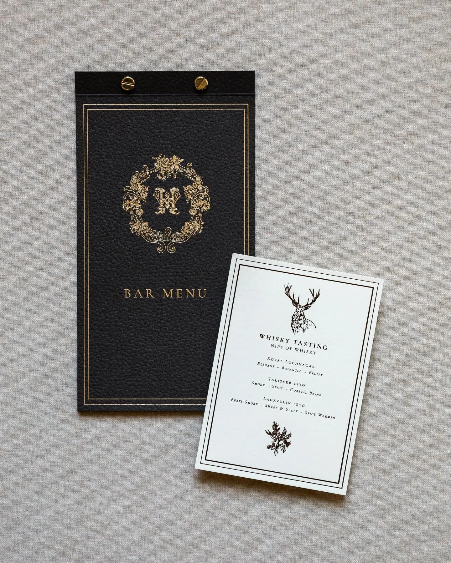 As far as Scottish venues go, @thegleneagleshotel is hard to beat. For their welcome event, Eva and Eric hosted an intimate Groom&rsquo;s Dinner, complete with foil-leather bar menus, whisky tasting cards and bespoke signage, setting a warm, consider