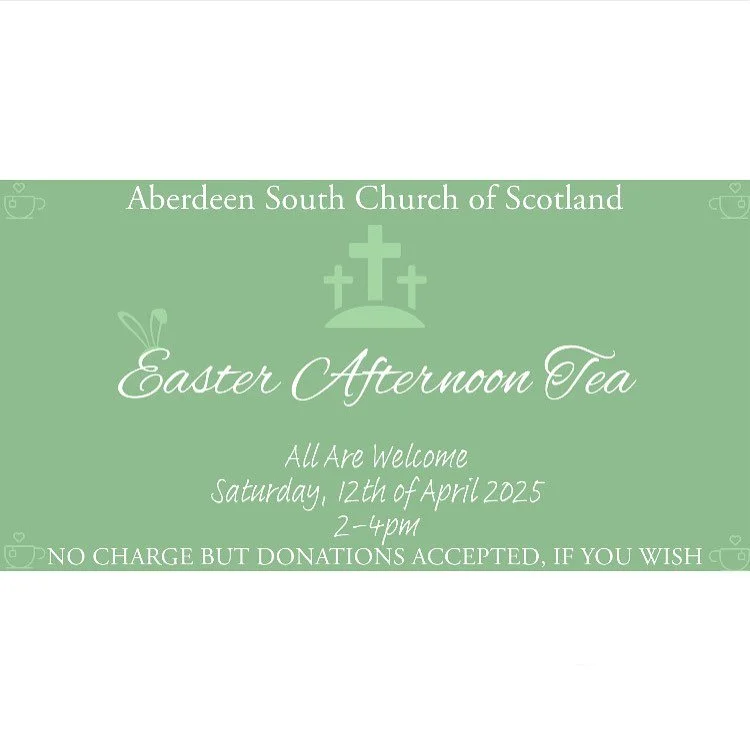 Join us for an egg-citing Easter Afternoon Tea!
We're celebrating with fun activities, delightful treats, and lots of Easter surprises at Aberdeen South Church. Bring your friends, family, and everyone you know for an afternoon of joy and community s