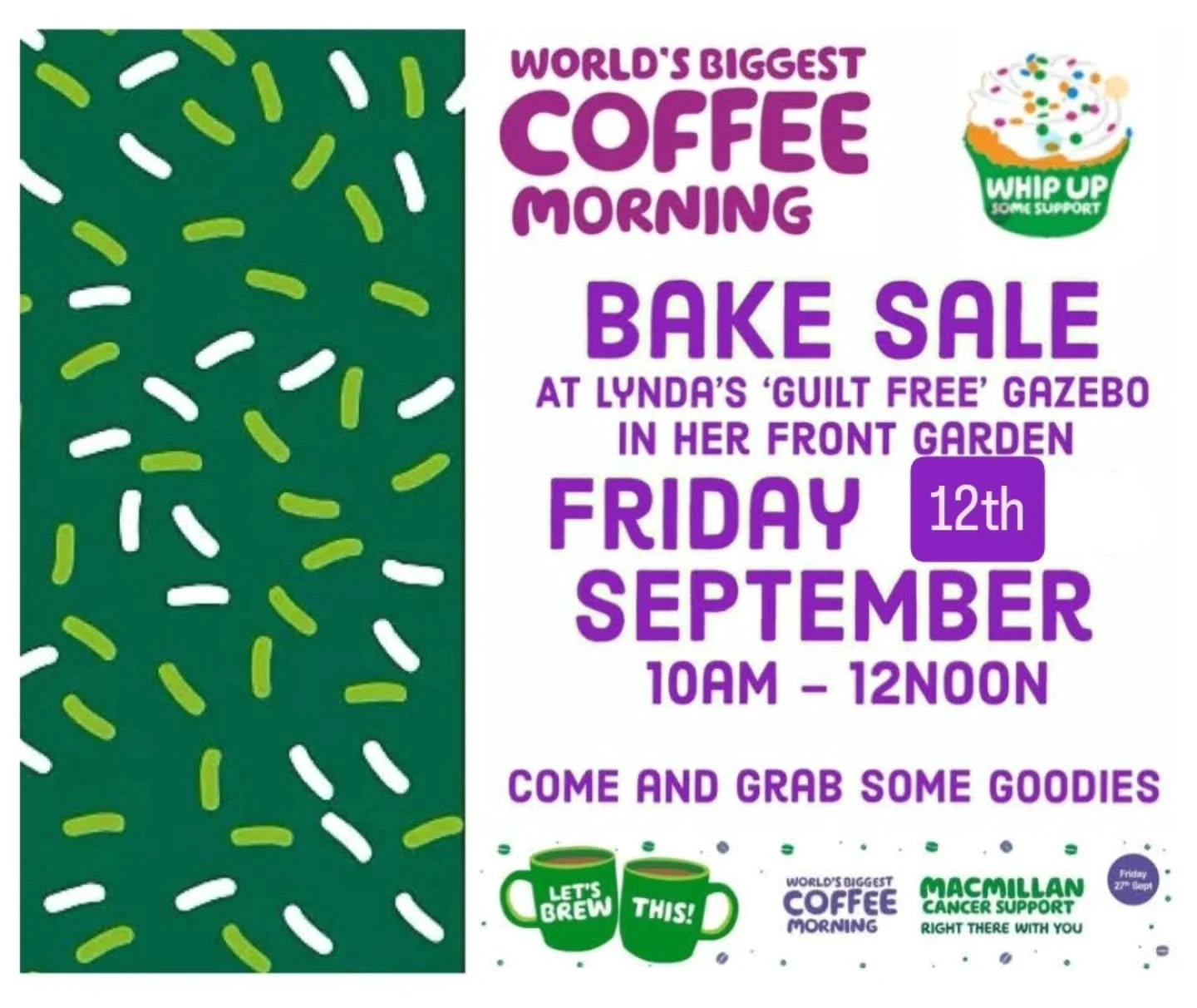 🟢 MacMillan Coffee Morning &ndash; TOMORROW! 🟢

Lynda&rsquo;s MacMillan Coffee Morning is happening🥳

🍰 Lynda will once again be hosting her deliciously sweet treat gazebo to raise money for MacMillan Cancer Research🍪

🧁 If you&rsquo;re passing
