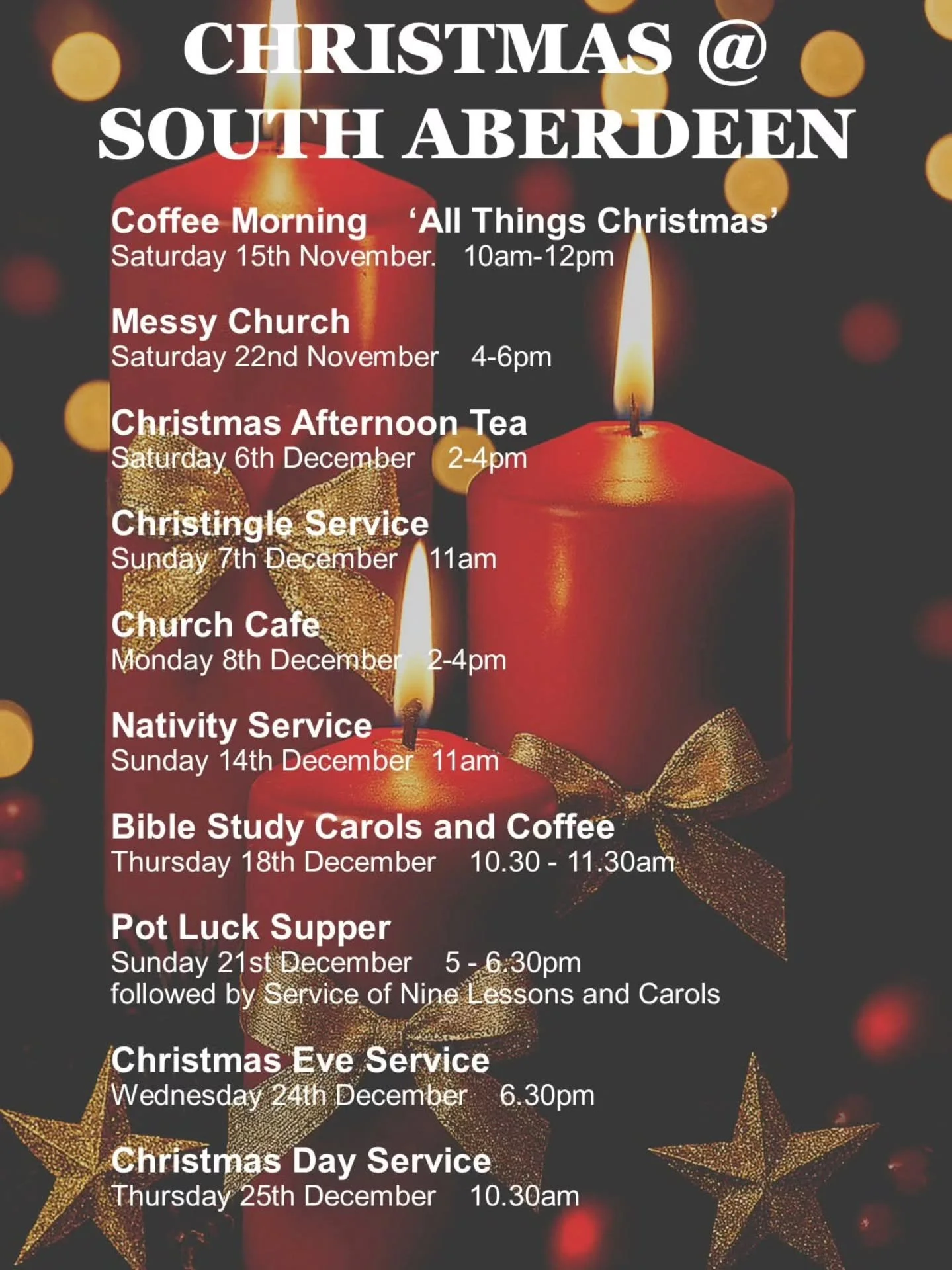 Looking forward to a busy festive period at Aberdeen South, Church of Scotland, as we move into Advent - a season of Hope and Expectation. 

We will have futher details and how to get involved, a warm welcome awaits all.