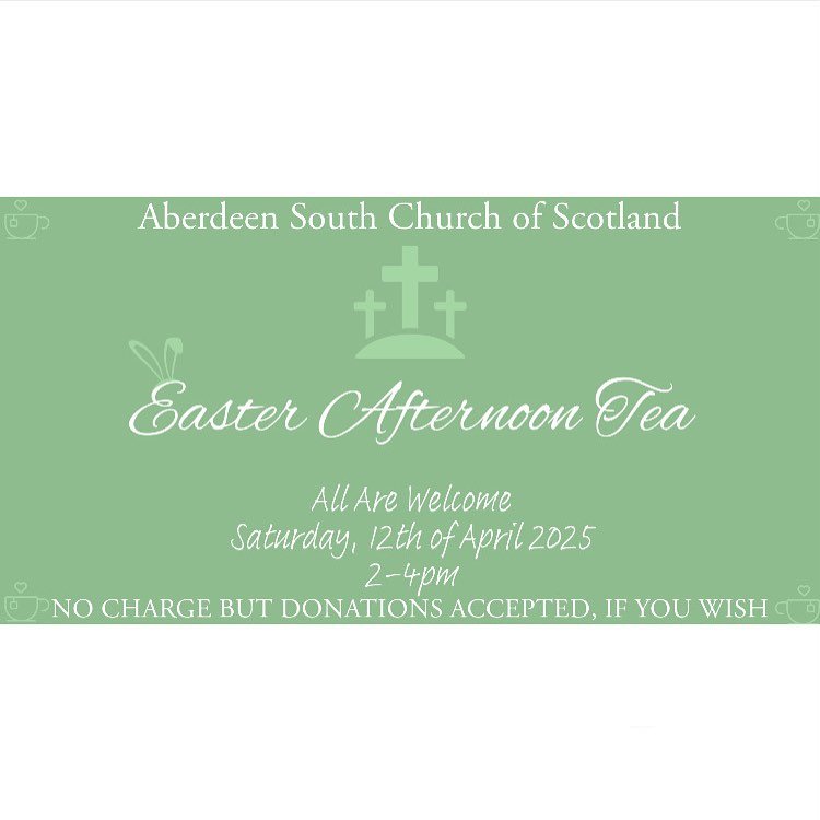 Join us for an egg-citing Easter Afternoon Tea!
We're celebrating with fun activities, delightful treats, and lots of Easter surprises at Aberdeen South Church. Bring your friends, family, and everyone you know for an afternoon of joy and community s