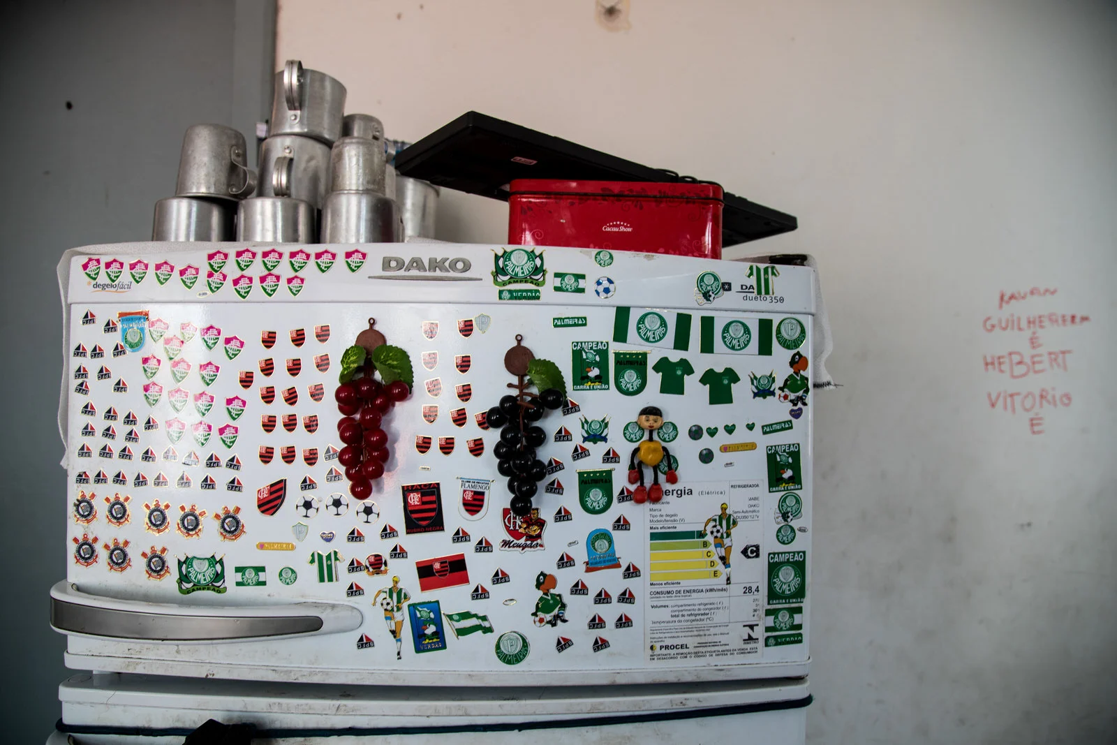 Stickers of Brazilian football clubs line the fridge in Teresa’s apartment.