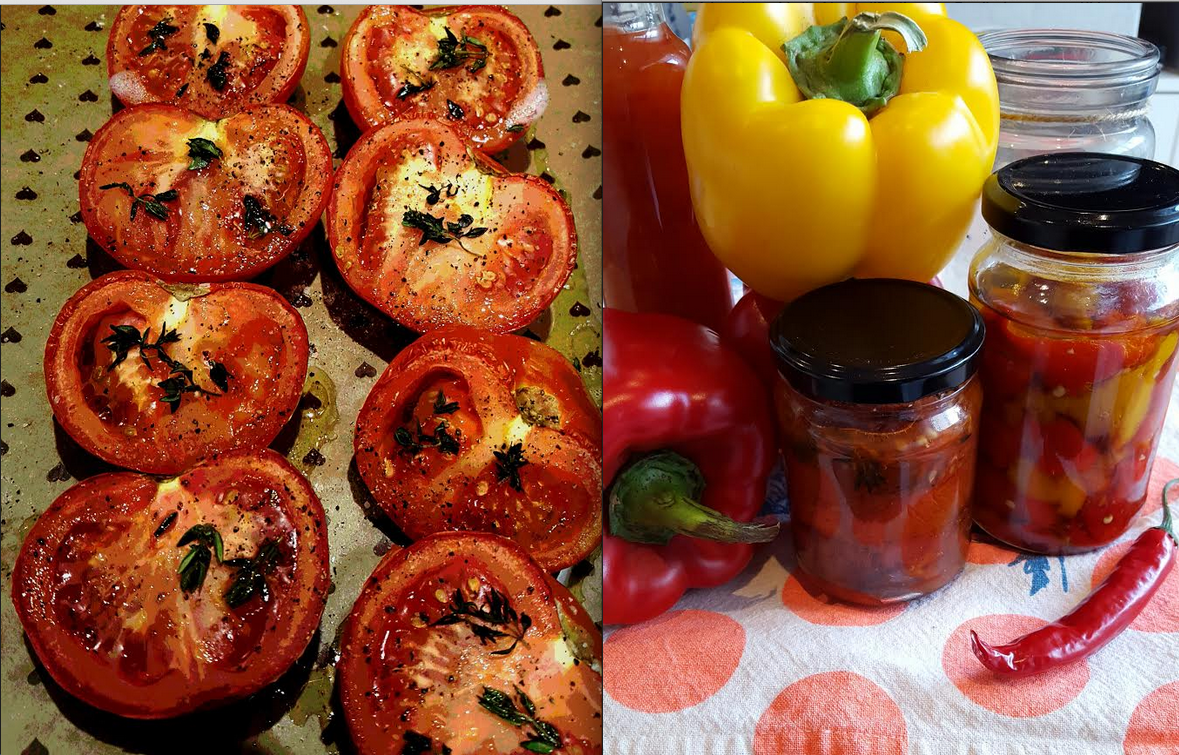 Preserved vegetables Preserving vegetables is a great way to keep a few staple items on hand for an antipasto platter, a pasta dish or a salad addition. And it couldn't be easier ! These simple, slow roasted tomatoes are bursting with flavour that seems to develop with the slow roasting. The roast capsicum are slightly fiddly, but well worth the mouth watering, colourful, sweet result. Sealed in a jar, these make perfect hostess gifts. Slow Roasted Tomatoes with fresh Thyme 12 large, ripe tomatoes olive oil salt, pepper, fresh thyme Pre heat the oven to 160 degrees. Cut tomatoes in half and sprinkle with salt and pepper. Drizzle over a little olive oil. Break off small pieces of thyme and scatter over tomatoes. Roast in oven for 3 - 4 hours, until the skins are wrinkled. Move tray, if necessary, to ensure even cooking. Leave on tray until cooled. Fill clean glass jars with tomatoes and top with enough olive oil to submerge tomatoes. These will keep for about 3 months. Try serving over homemade pasta with freshly grated parmesan. Simplicity & deliciousness ! Roast Capsicum with Capers 3 large red capsicum 1 large yellow capsicum 1/2 cup apple cider vinegar 1/2 cup water 2 tbsp white sugar 1 tsp salt 1 clove crushed garlic 1 tbsp capers olive oil Pre heat oven to 180 degrees. Place capsicum on a tray and bake. Turn frequently until skin is blistered on all sides. Remove from oven, put capsicum into a bowl and cover with plastic wrap for 15 minutes. (This will make it easy to remove skins.) Gently remove skin and drain off juice. Slice into strips and add capers. Boil vinegar, water, sugar, salt and garlic over medium heat. Pour onto the capsicum and leave for 30 minutes. Drain capsicum (keeping some of the liquid) and pack into clean jars. Add a tablespoonful of brine to each jar, and top with olive oil. These capsicum can be used right away, but more flavour will develop over being left to sit for a few days. These will keep in the fridge for 3 months. Serve with pasta, bruschetta or in a sandwich. It is these types of homemade condiments that create unforgettable flavours !