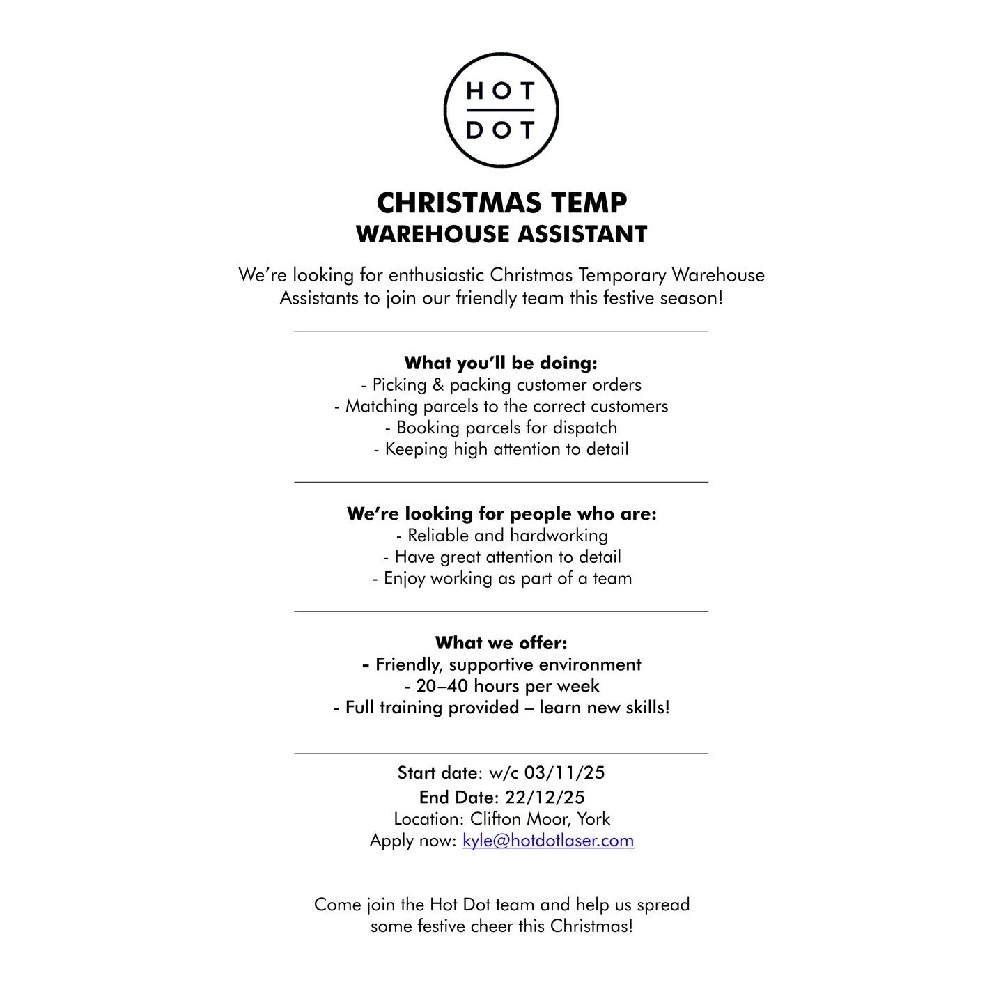 Hello! We are currently on the look out for someone to fill a temp role at Hot Dot. The advert it pretty self explanatory but if you, or you know of anyone who might be interested please tag them or let them know. 
#christmas #temp #york #jobs