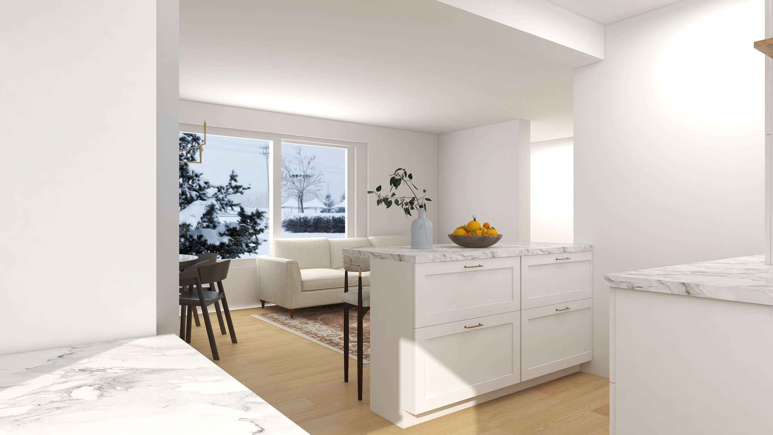 White kitchen design with small peninsula