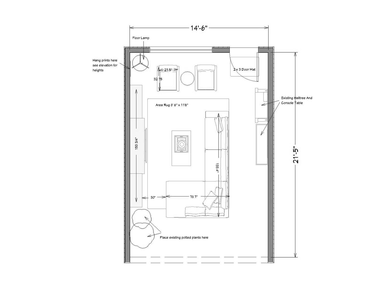 Warm eclectic living room design floor plan