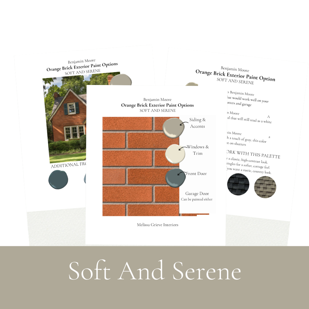 Benjamin Moore orange brick exterior paint palette showing 5 complete colour schemes for warm toned brick homes soft and serene