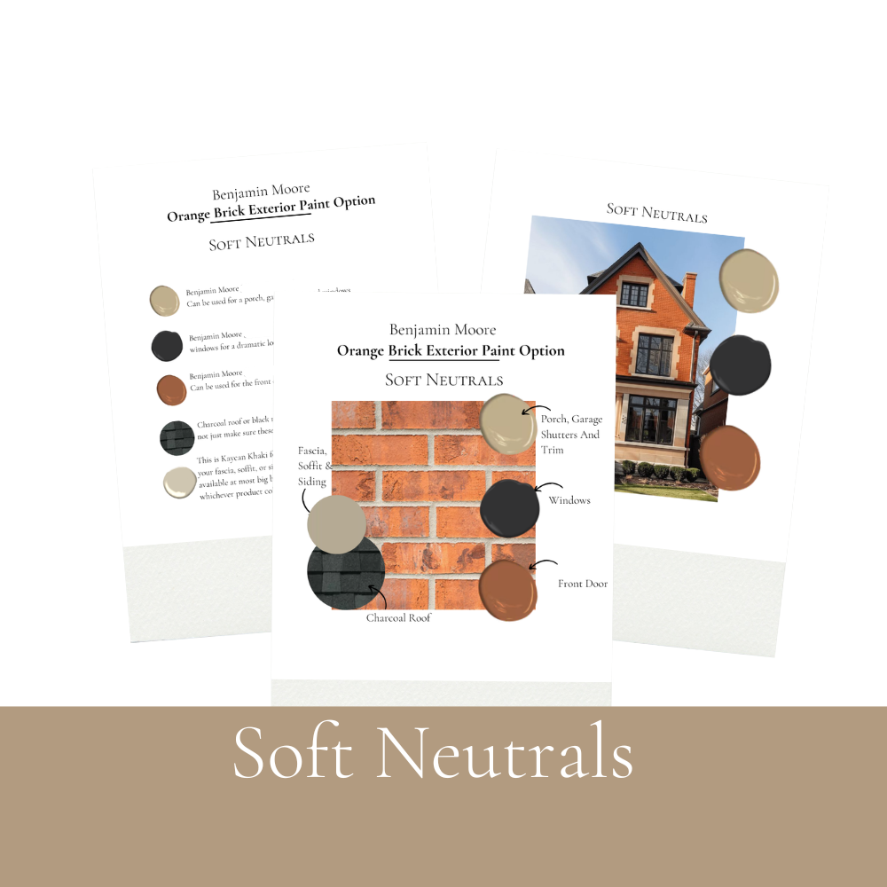 Orange Brick Exterior Paint Colors, Best Benjamin Moore Exterior Coordinating Paint Palette, Exterior Colors For Trim, Siding and Front Door Soft Neutrals