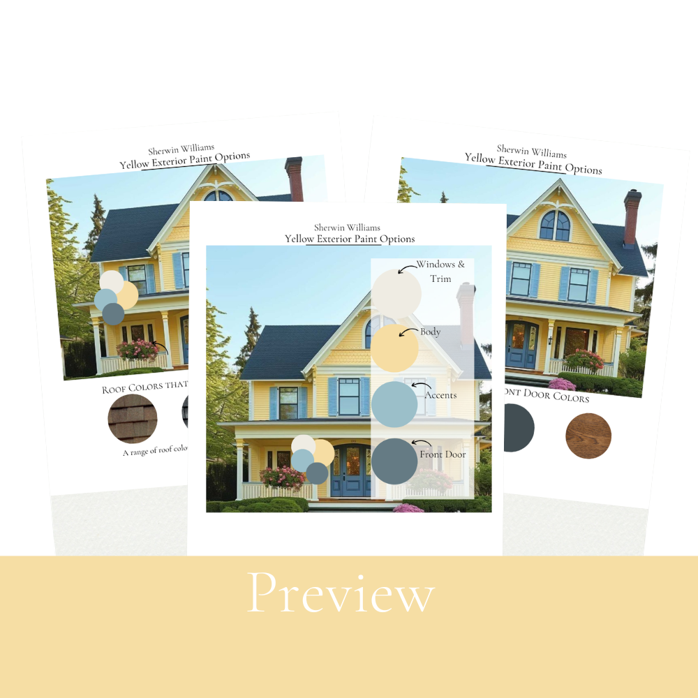 A warm peachy yellow body with a slate blue door and soft blue accents