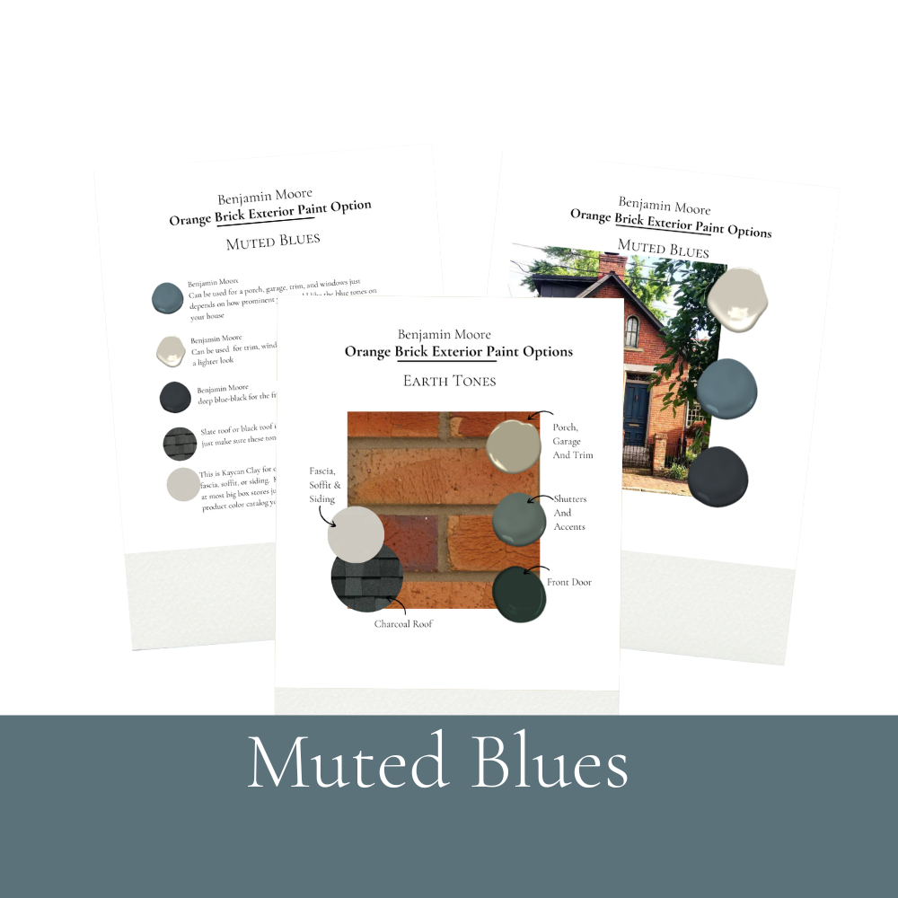 Orange Brick Exterior Paint Colors, Best Benjamin Moore Exterior Coordinating Paint Palette, Exterior Colors For Trim, Siding and Front Door Muted Blues