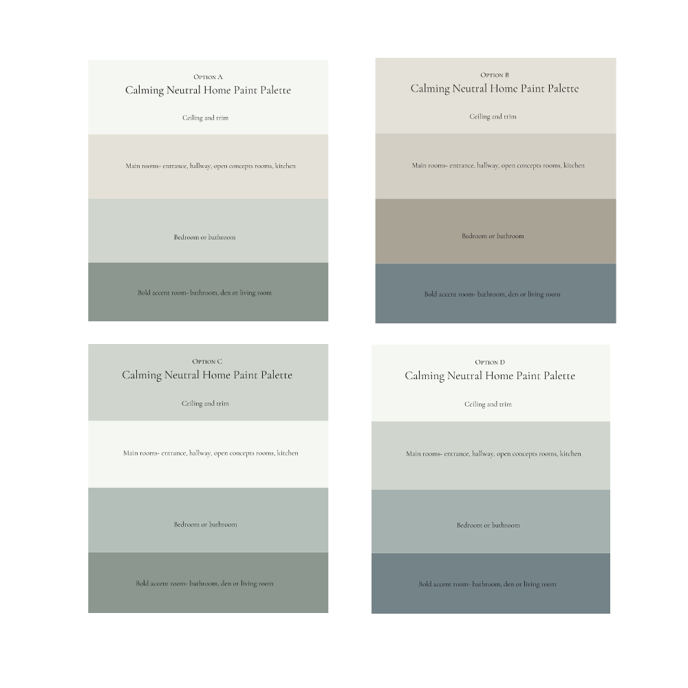 Calming Neutral Paint Colors Soothing Benjamin Moore Whole House Paint Palette Relaxing Colors Bedroom, Living Room Soft Blue Green Colors revere pewter