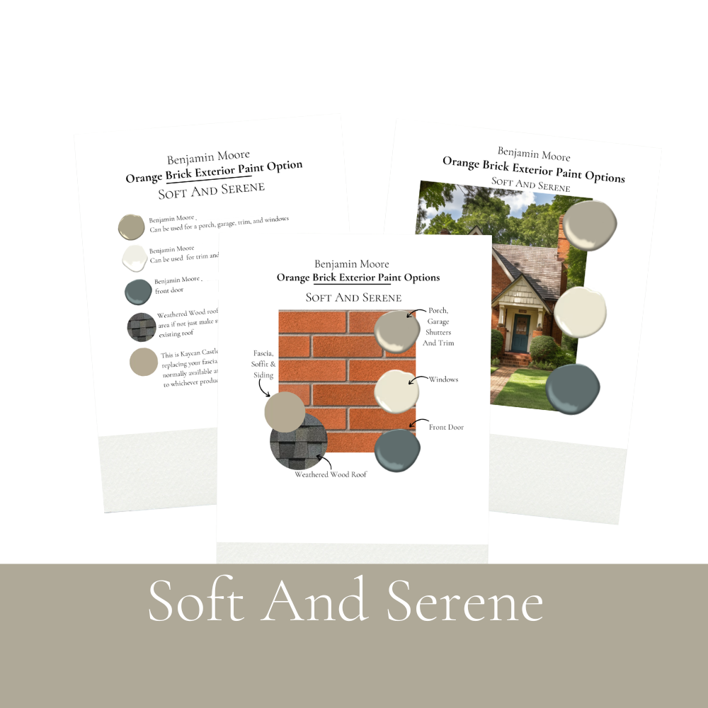 Orange Brick Exterior Paint Colors, Best Benjamin Moore Exterior Coordinating Paint Palette, Exterior Colors For Trim, Siding and Front Door Soft And Serene
