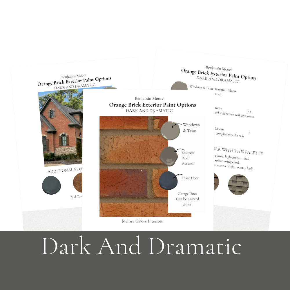 Benjamin Moore orange brick exterior paint palette showing 5 complete colour schemes for warm toned brick homes dark and dramatic