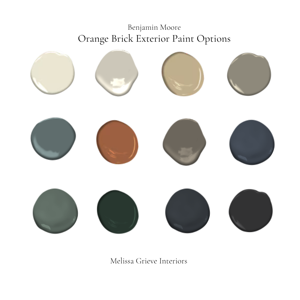 Benjamin Moore orange brick exterior paint palette showing 5 complete colour schemes for warm toned brick homes full palette