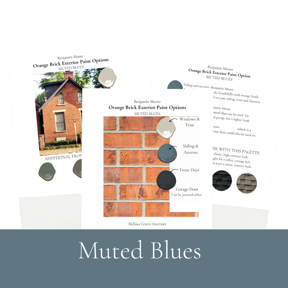 Benjamin Moore orange brick exterior paint palette showing 5 complete colour schemes for warm toned brick homes muted blue