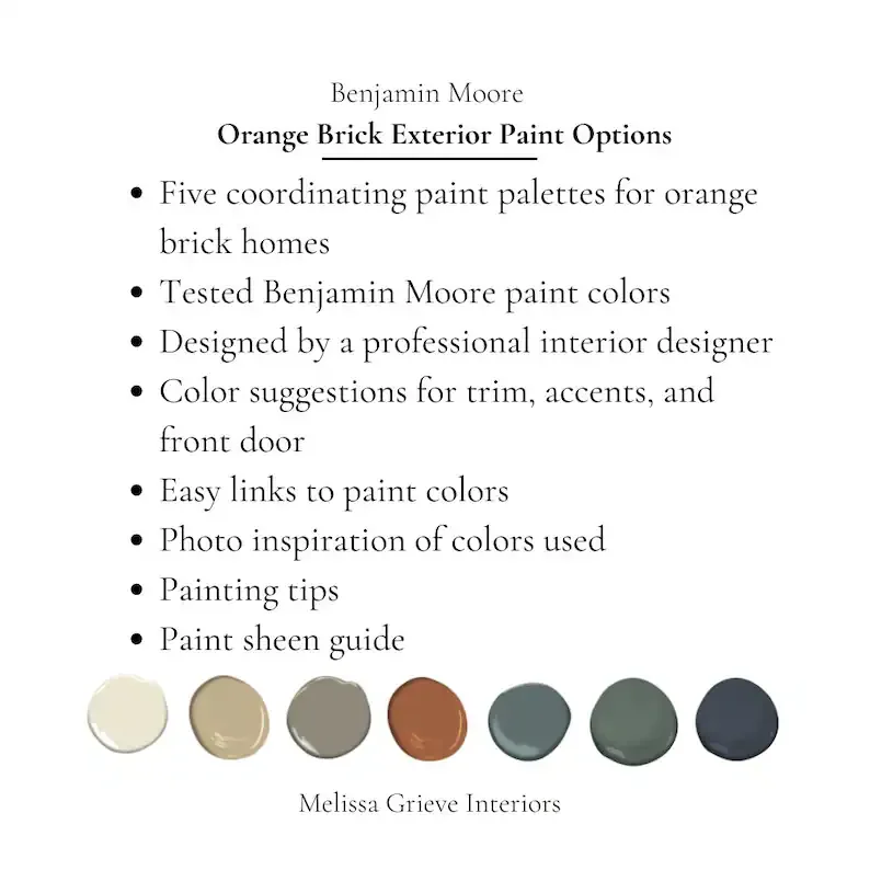 Benjamin Moore orange brick exterior paint palette showing 5 complete colour schemes for warm toned brick homes what is included