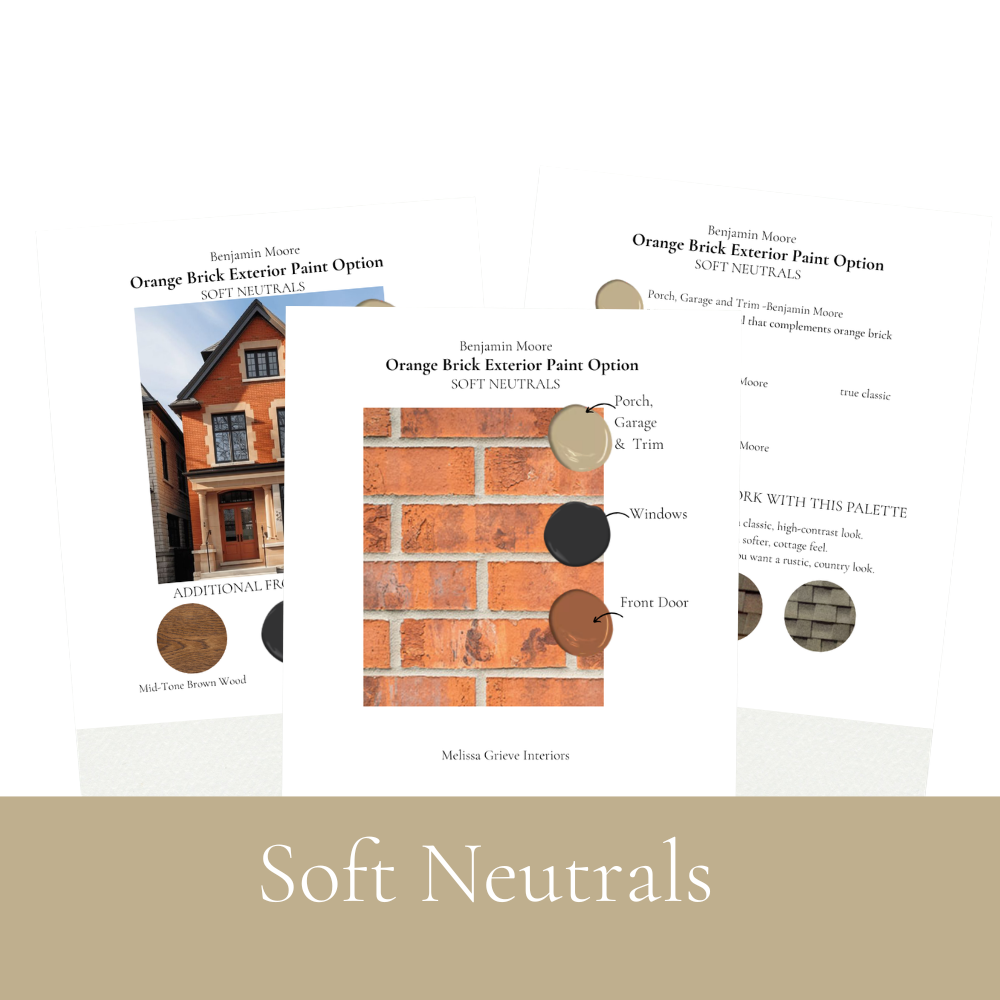 Benjamin Moore orange brick exterior paint palette showing 5 complete colour schemes for warm toned brick homes Soft Neutrals