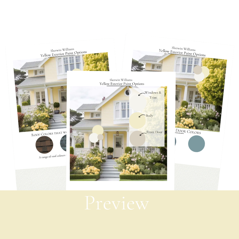 A soft pale yellow body paired with a warm greige front door