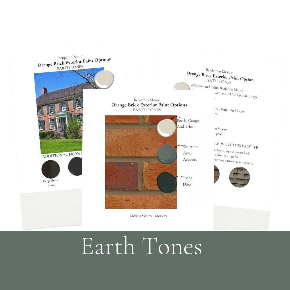 Benjamin Moore orange brick exterior paint palette showing 5 complete colour schemes for warm toned brick homes Earth tones
