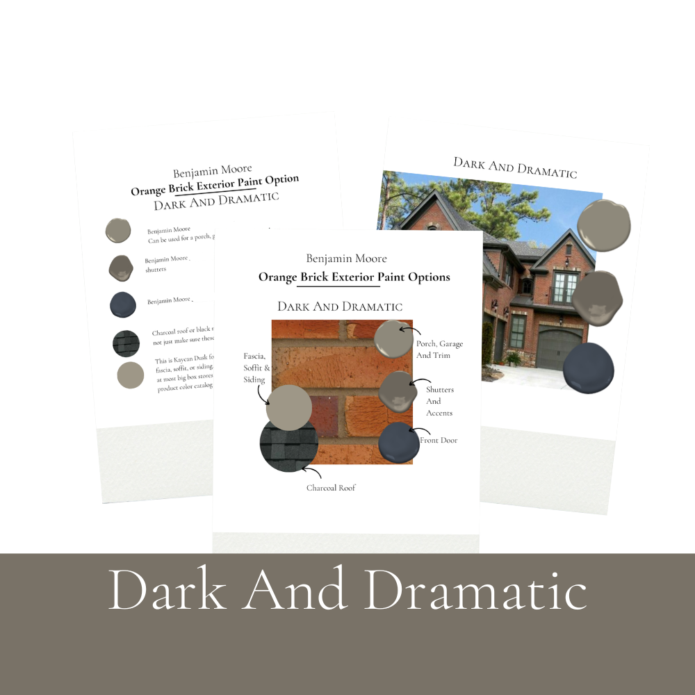 Orange Brick Exterior Paint Colors, Best Benjamin Moore Exterior Coordinating Paint Palette, Exterior Colors For Trim, Siding and Front Door dark And Dramatic