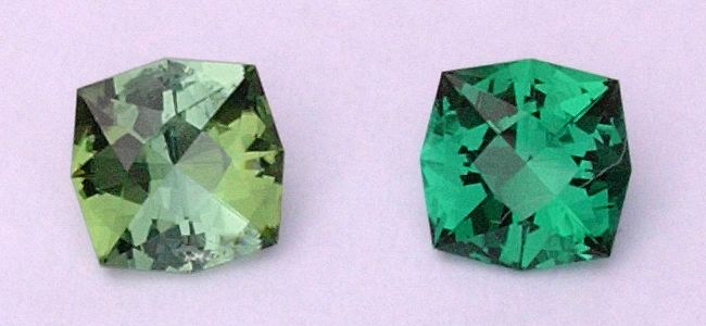 Matching North by Northwest designs in pleochroic tourmaline (left) and synthetic emerald (right) ca. 1 ct