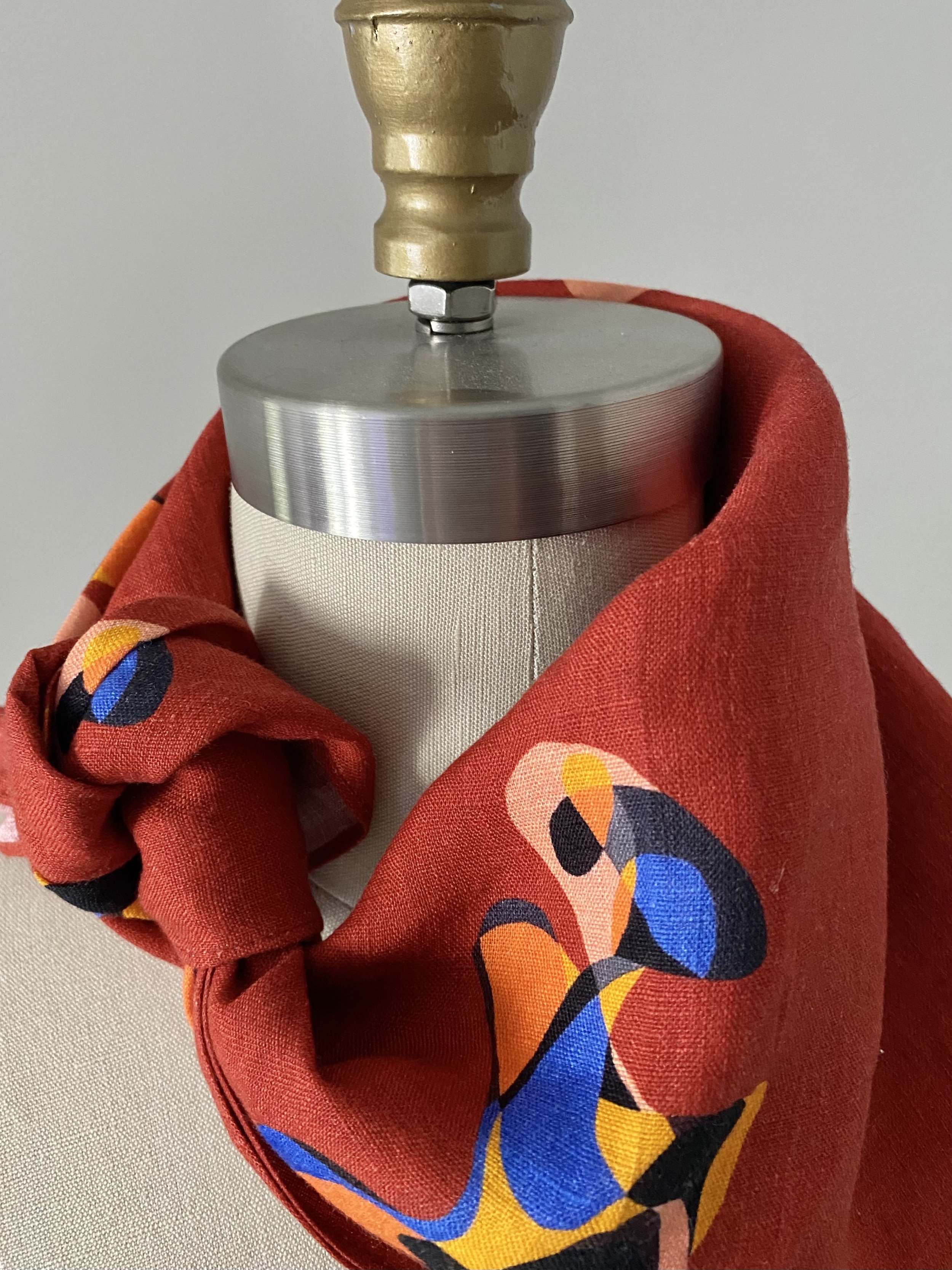 Brick red linen bandana with art print