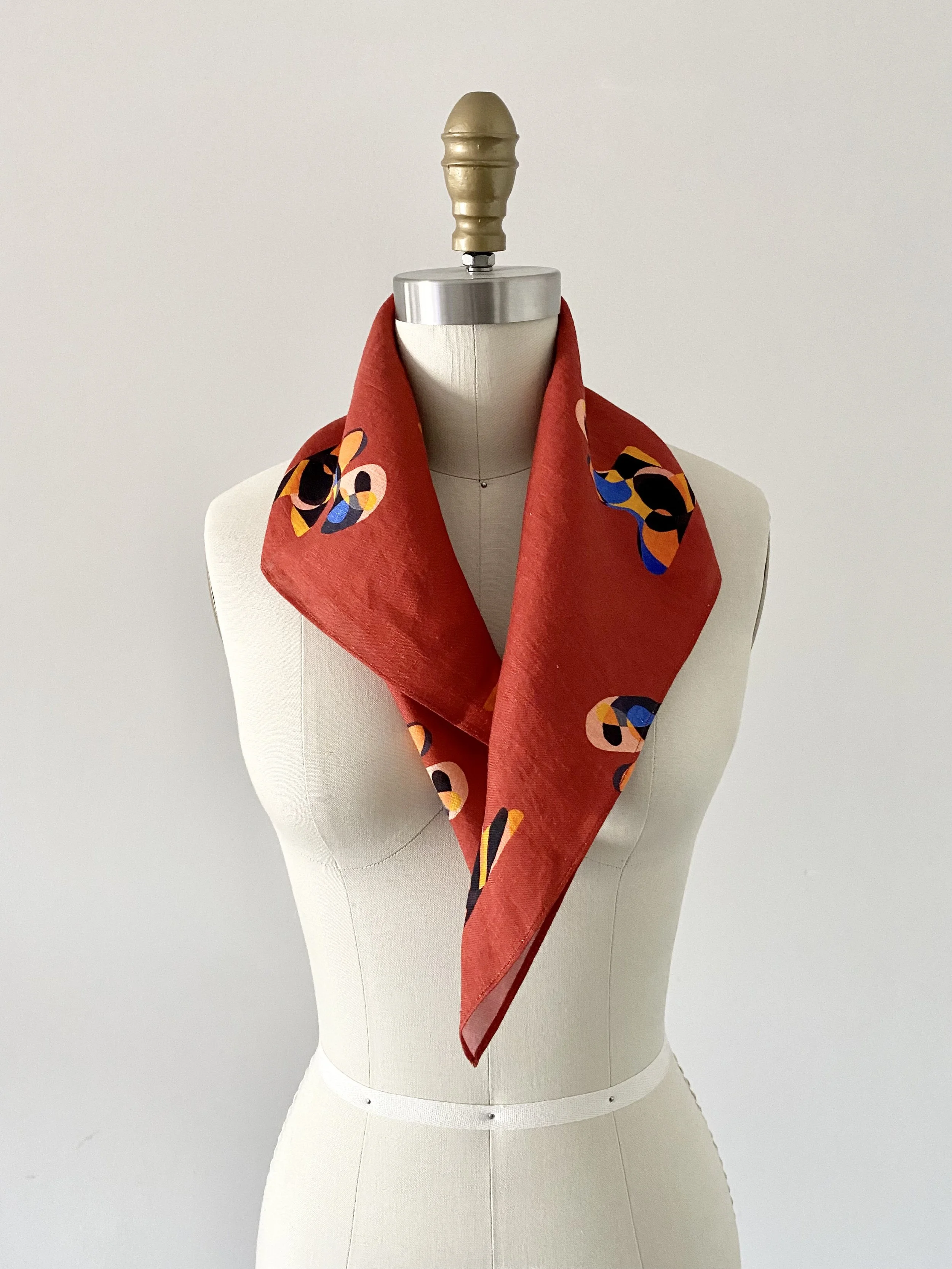 Brick red linen bandana with art print