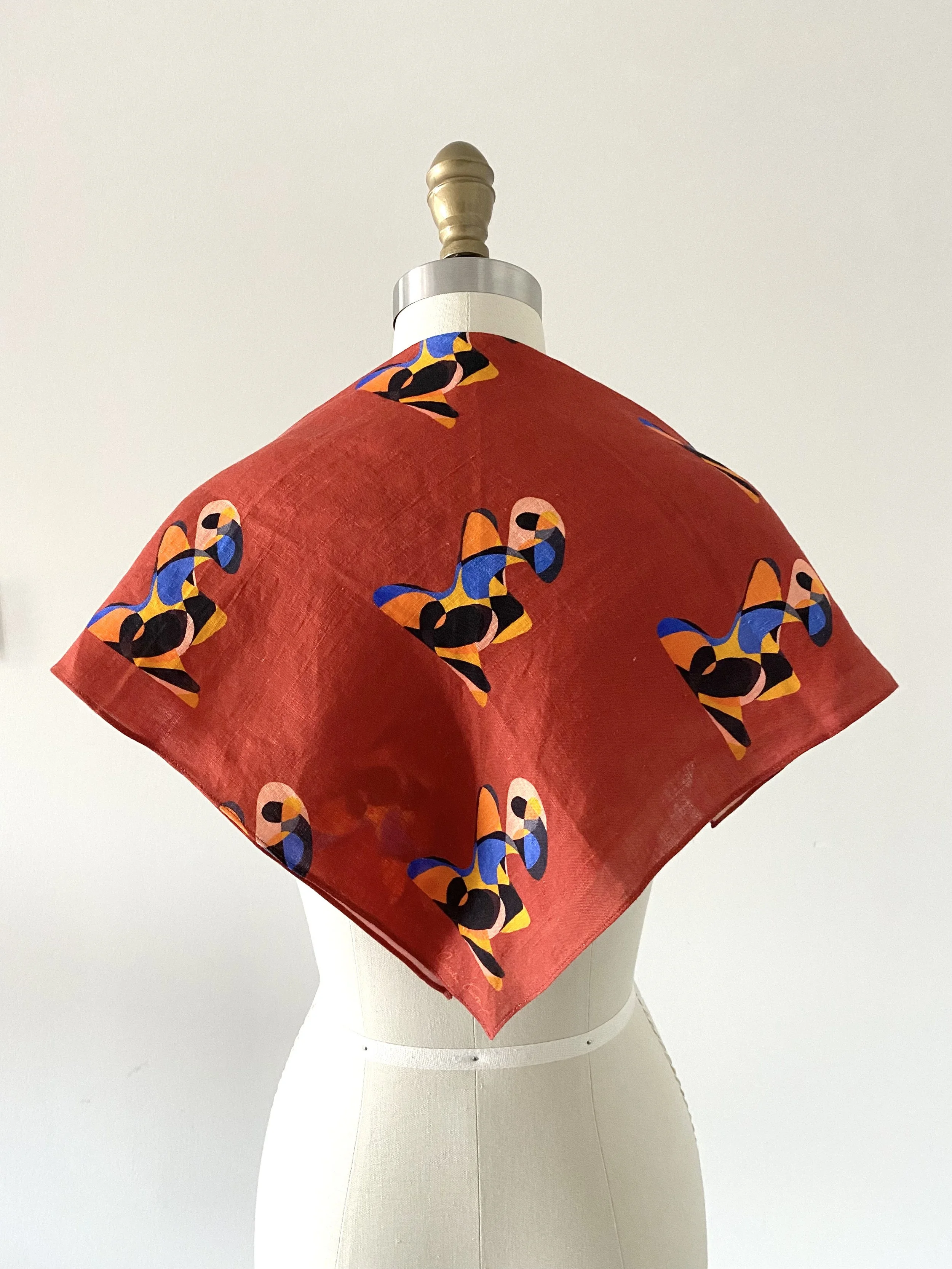 Brick red linen bandana with art print