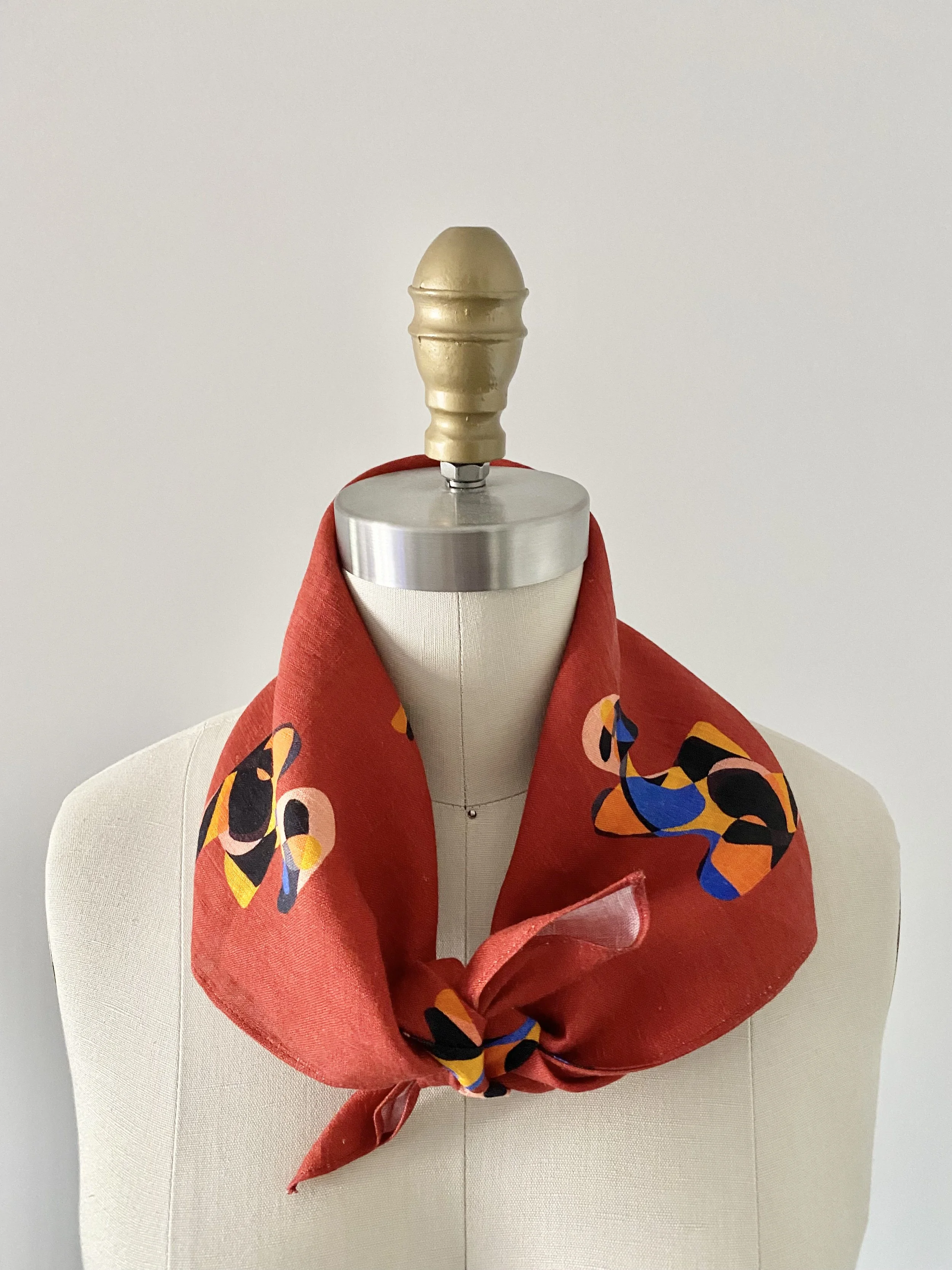 Brick red linen bandana with art print