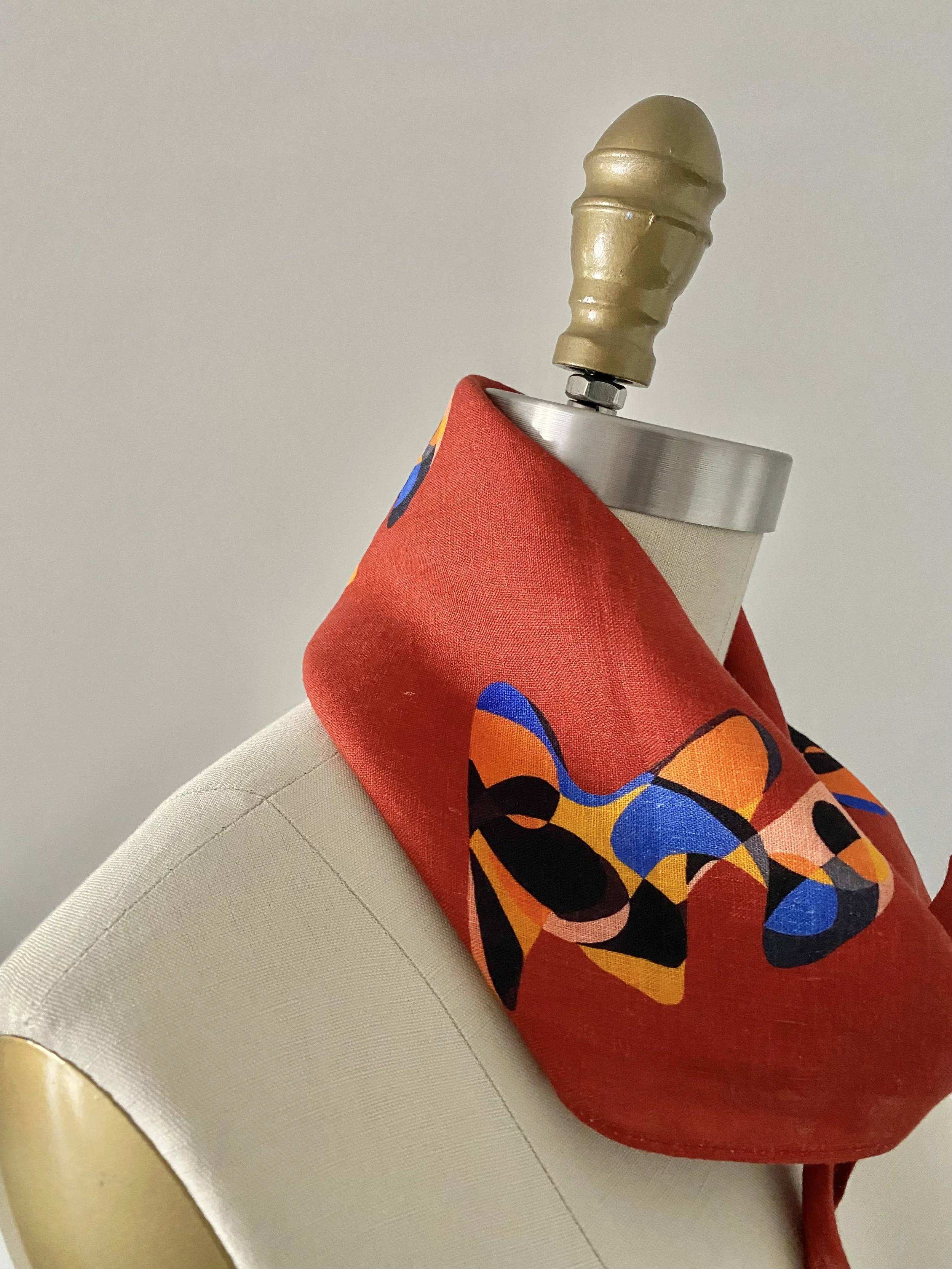 Brick red linen bandana with art print