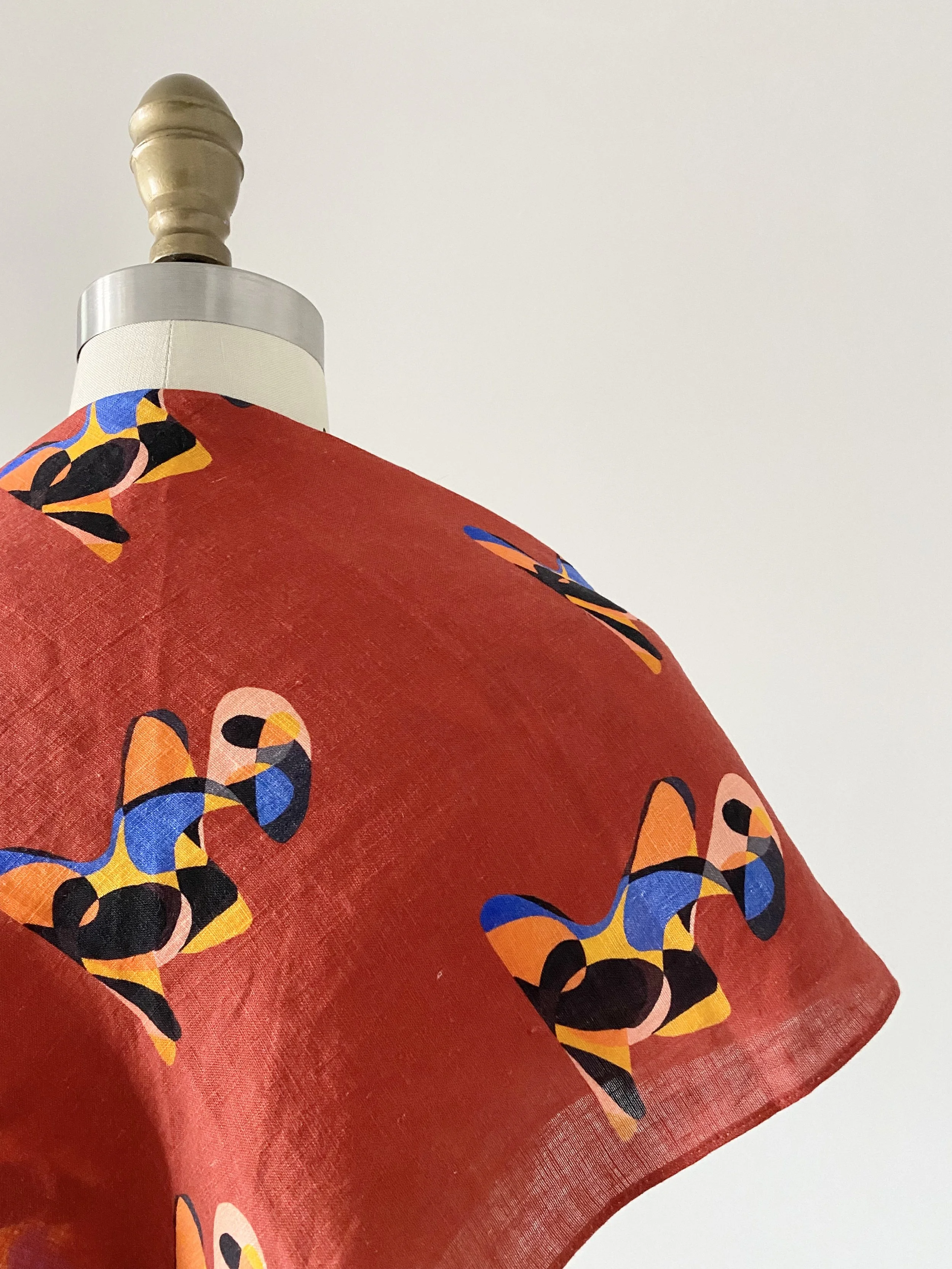 Brick red linen bandana with art print