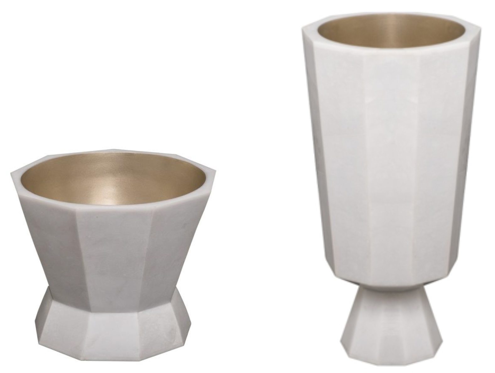 Set of Two Snow White Stone Inlaid Lyle Geometric Bowls with Gold Leaf Interior