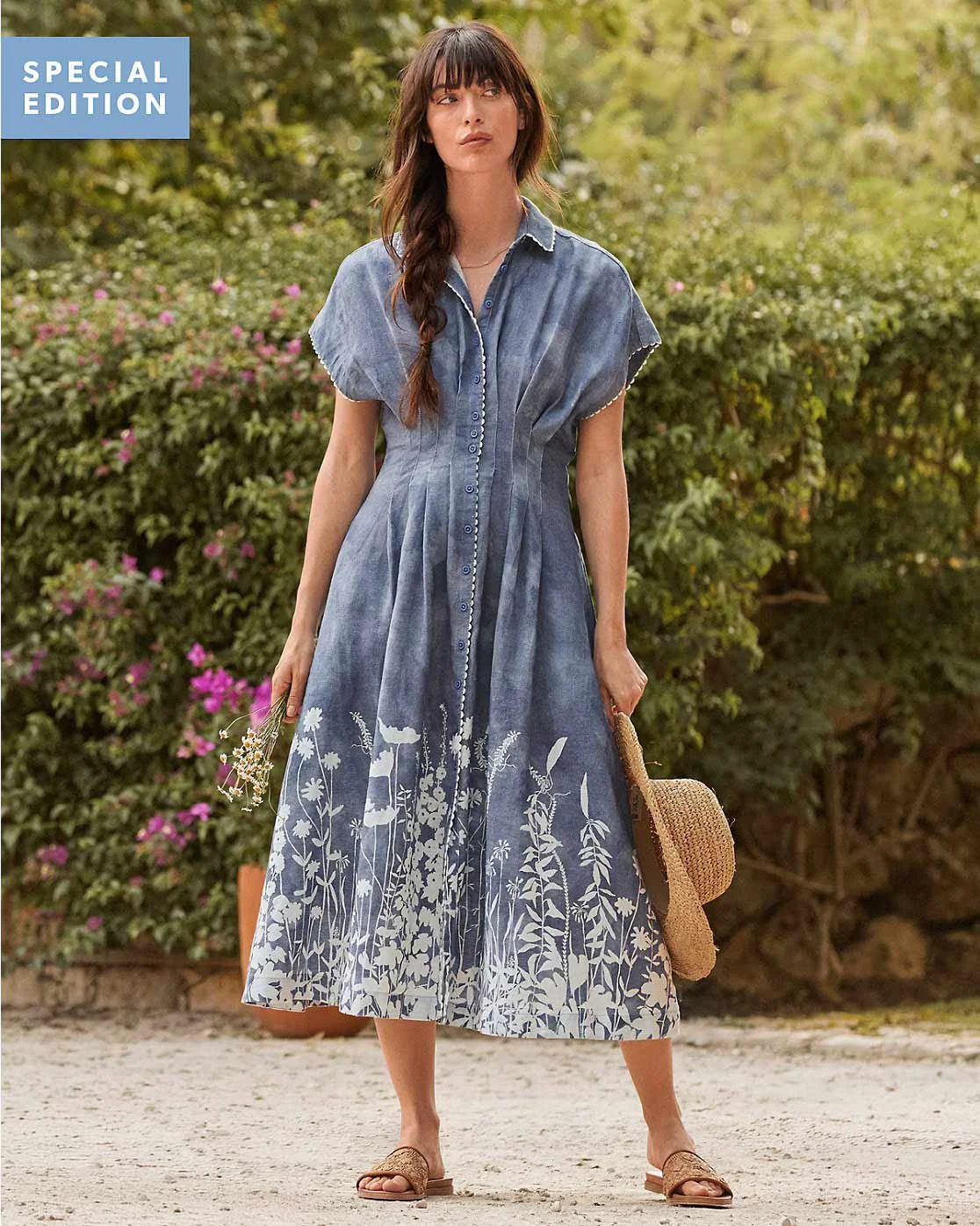 Hable Linen Midi Dress-Blue Flora
