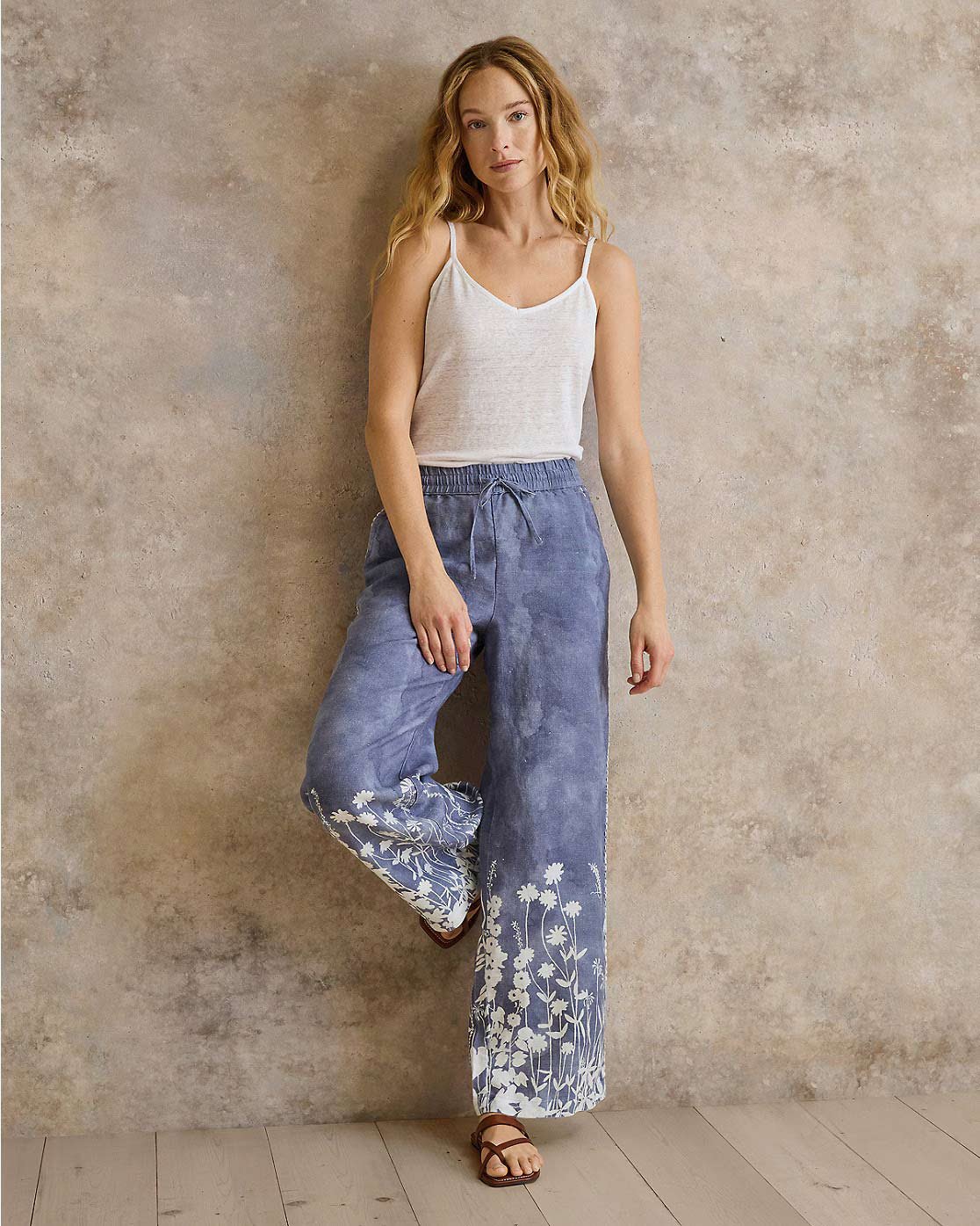 Hable Linen Wide-Leg Pants-Blue Flora