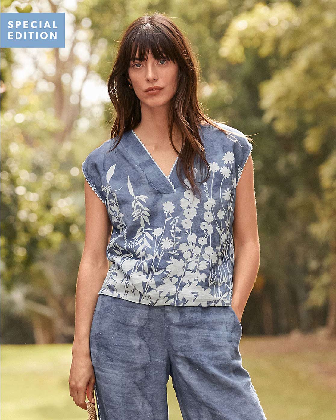 Hable Linen Top-Blue Flora