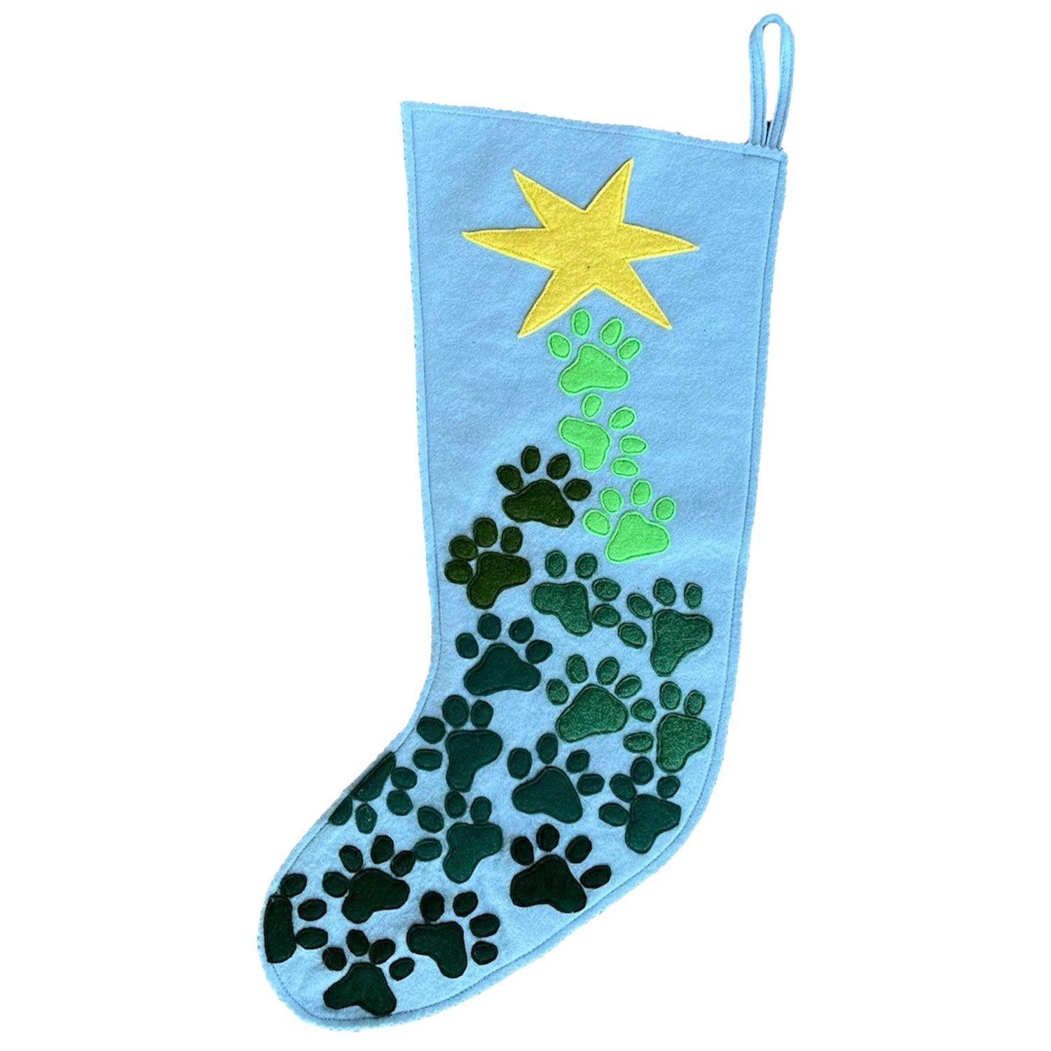 PAW TREE HOLIDAY STOCKING ON PALE BLUE