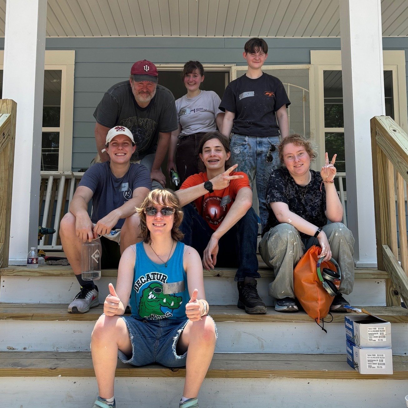 Decatur First Youth braved the heat (and mosquitoes) last Saturday for a Habitat for Humanity build in Southwest Atlanta. They painted, installed soffit and trim, cut lumber, and built outside staircase railings and balusters. Thanks to our adult cha