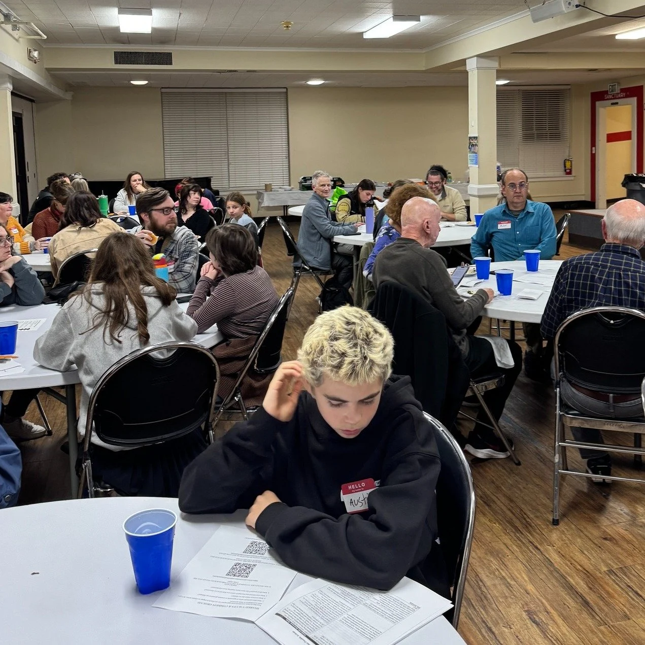 Decatur First Youth and congregants packed Fellowship Hall on Sunday evening for &quot;Deliberative Dialogue,&quot; a youth initiative that benefits from intergenerational conversation about all the ways we might potentially &quot;green&quot; our chu