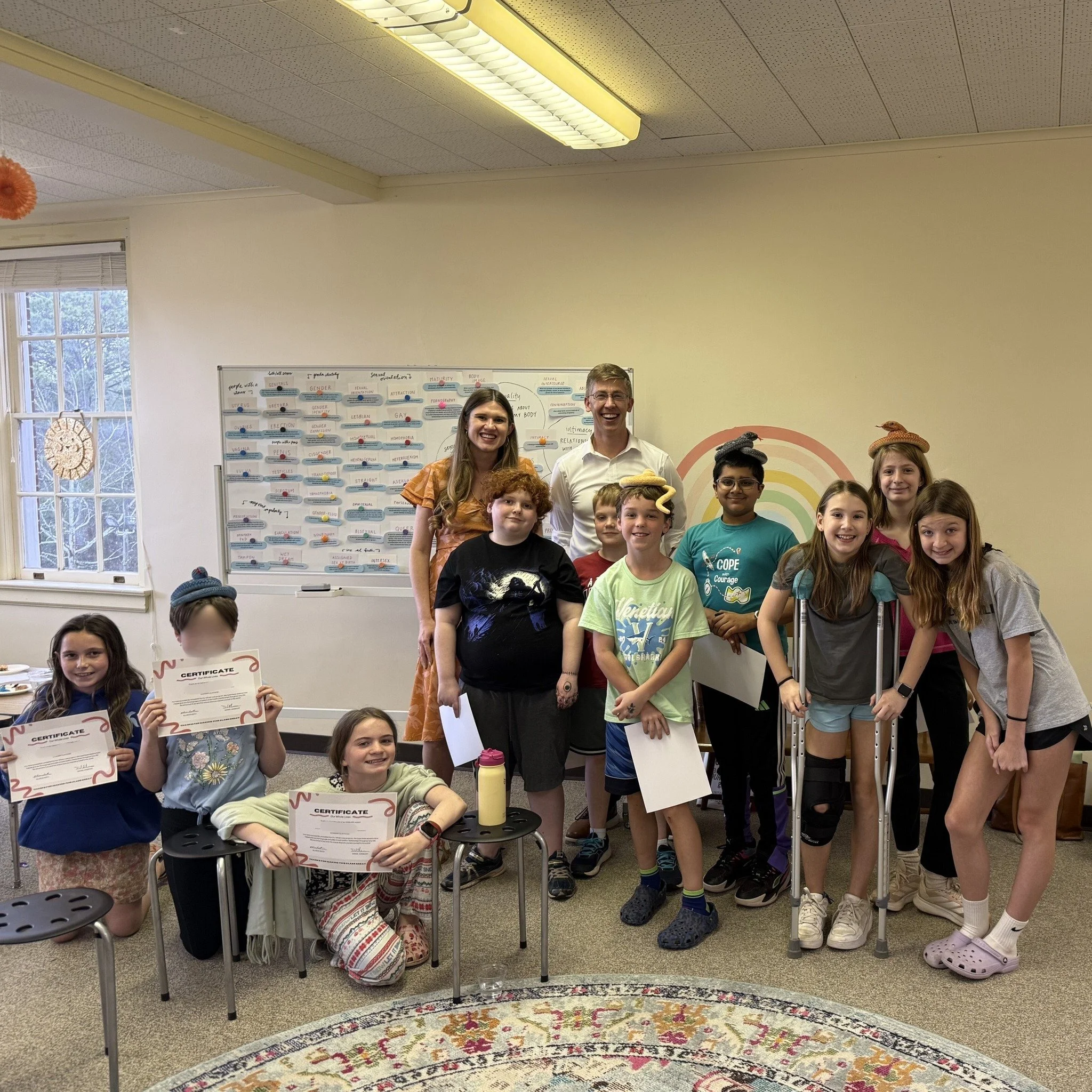 A group of 5th and 6th graders recently completed the Our Whole Lives (OWL) program at Decatur First and celebrated with affirmations, certificates, and of course, cookie cake!
This 5-week program, led by Daniel Kasbohm and Allison Keith, explored to