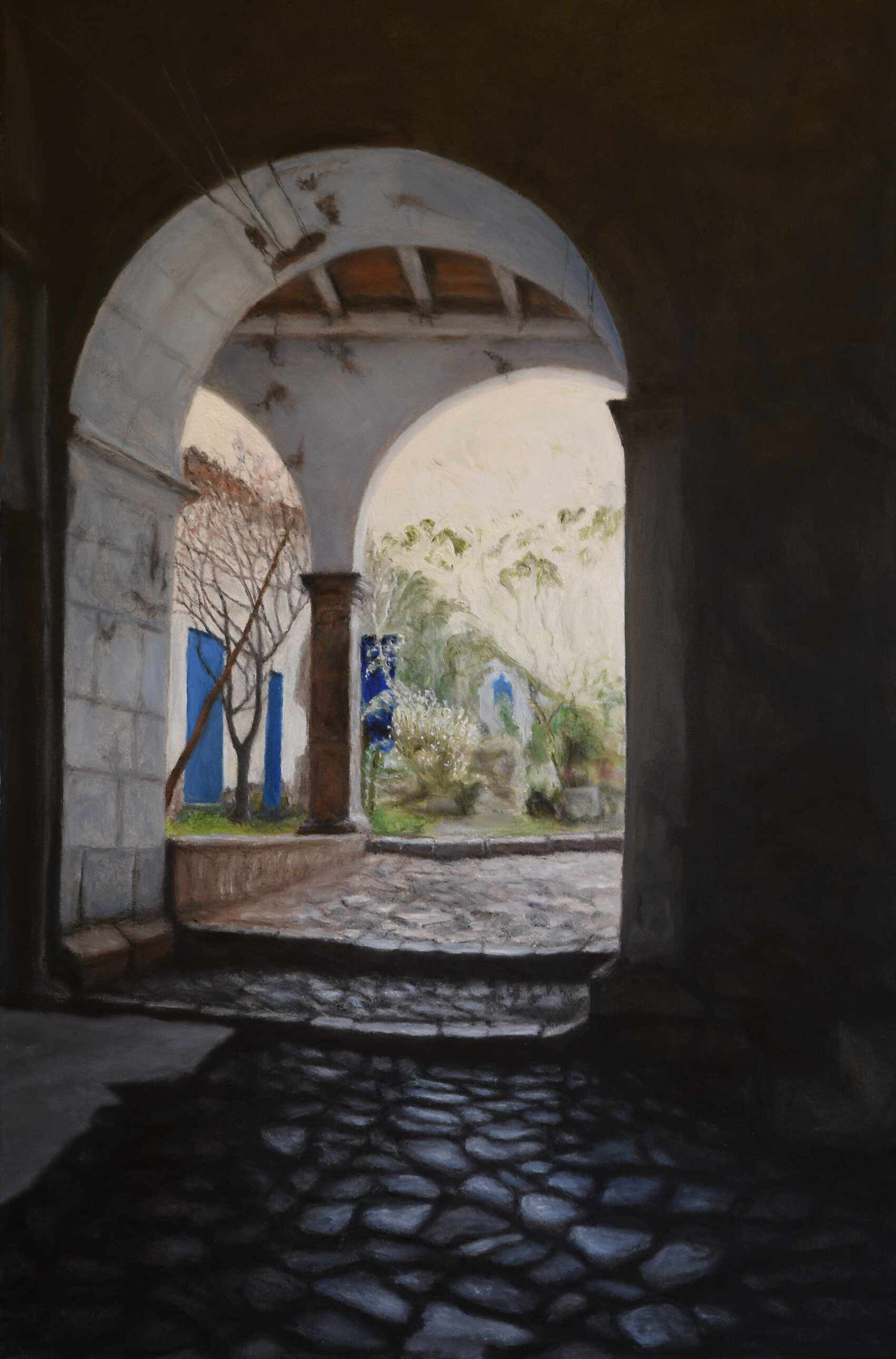  Into the Courtyard  oil on canvas framed  24 x 36””  $975 
