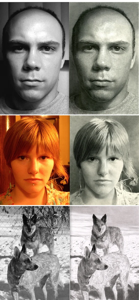 Examples of three drawings. Photograph on the left, finished drawing on the right.