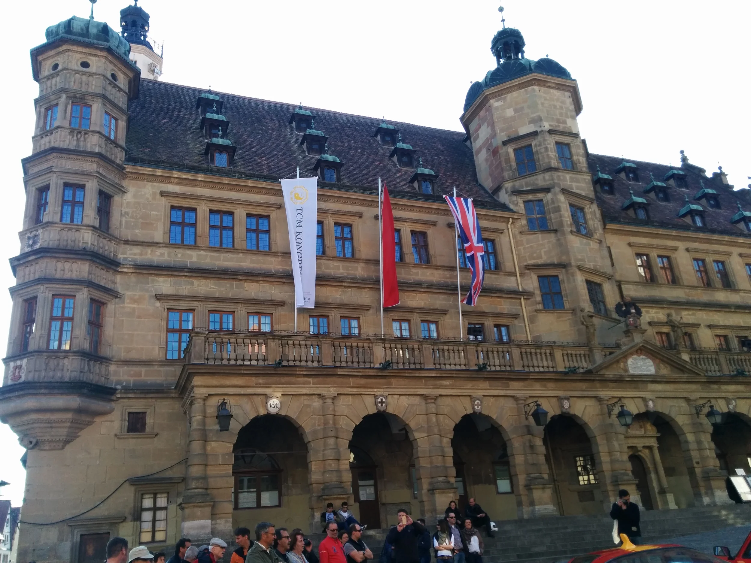 TCM Kongress flag flying outside the Rothenburg Town Hall (Rathaus) in the Market Square
