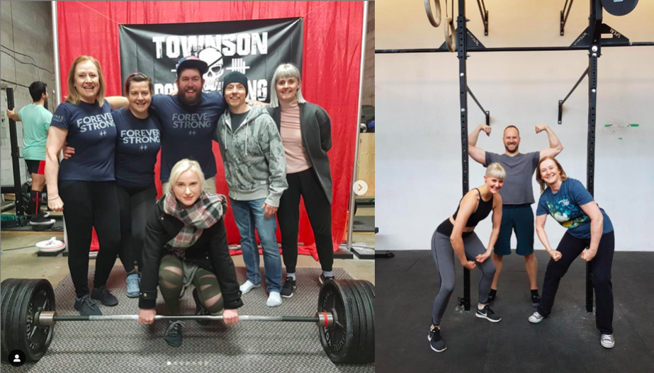 Hanging out with my powerlifting buddies. Image credits: Paul Hynes Image alt: Three people, one of them Linn, posing at a gym, flexing their muscles. Image alt: Group of people including Linn at the Townson Fitness powerlifting competition, with a heavy barbell in the foreground of the image.
