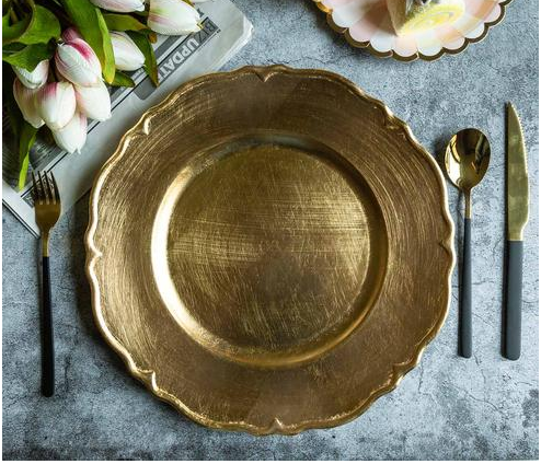 Acrylic Charger Plates - 13" - Metallic Gold Scalloped Edge (5 Pack)