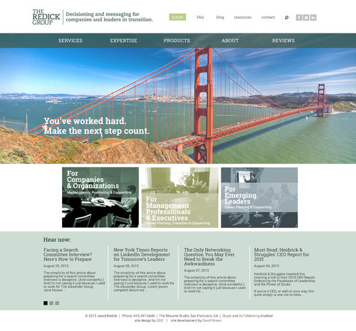 Home page design concept. Scrolling hero displays a variety of famous international bridges, providing a visual reference to professional progress, as well as linking The Redick Group to its sister organization whose site features the Golden Gate Bridge.